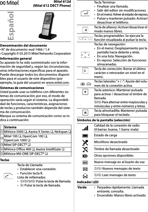 Mitel 612d(Mitel 612 DECT Phone)Denominación del documento• N° de documento: eud-1466 / 1.4• Copyright © 03.2015 Mitel Networks CorporationInformación generalSu aparato le ha sido suministrado con la infor-mación de seguridad y, según las circunstancias, otras informaciones específicas para el aparato. Puede descargar todos los documentos disponi-bles para el usuario de este dispositivo (por ejemplo, la guía del usuario) en www.mitel.com.Sistemas de comunicacionesUsted puede usar su teléfono con diferentes sis-temas de comunicación; por eso, el modo de operación varía según el sistema. La disponibili-dad de funciones, características, asignaciones de teclas y productos también depende del siste-ma de comunicación.Marque su sistema de comunicación como se in-dica a continuación:Tec lasSímbolos de la pantalla (selección)Indicador LEDEspañolSistema➀MiVoice 5000 ❏, Aastra X Series ❏, NeXspan ❏➁Mitel 100 ❏, OpenCom 100 ❏, OpenCom 1000 ❏➂Mitel SIP-DECT® ❏➃MiVoice Office 400 ❏, Aastra IntelliGate ❏➄MiVoice MX-ONE SIP-DECT® ❏Tecla de Llamada:• Establecer una conexión.• Función tecla R.Lista de rellamadas:•➀/➁/➂/➄: Pulse la tecla de llamada.•➃: Pulse la tecla de llamada.Tecla Terminar:• Finalizar una llamada.• Salir del editor sin modificaciones.• En el menú: Volver al estado de reposo.• Pulsar y mantener pulsado: Activar/desactivar el teléfono.Tecla de altavoz: Activar/desactivar el modo manos libres.Teclas programables: Se ejecuta la función visualizada al pulsar la tecla.Teclas de navegación:• En el menú: Desplazamiento por la pantalla hacia delante y atrás.• En una lista: Navegación.• En reposo: Selección de funciones almacenadas.Tecla de corrección: Borrar el último carácter o retroceder un nivel en el menú.Teclas laterales &quot;+ / -&quot;: Ajuste del volu-men de la conexión activa.Tecla asterisco: Mantener pulsada para activar / desactivar el timbre de llamada.➂/➄: Para alternar entre mayúsculas y minúsculas y entre números y letras.Tecla almohadilla: Mantener pulsada para bloquear el teclado.Calidad de la conexión de radio (4 barras: buena, 1 barra: mala)Estado de cargaMicrófono desactivadoTimbre de llamada desactivadoOtras opciones disponiblesNuevo mensaje en el buzón de voz➀/➃: Nuevos mensajes de texto➀/➃: Leer mensajes de textoVerde• Parpadea rápidamente: Llamada entrante, consulta.• Encendido: Manos libres activado