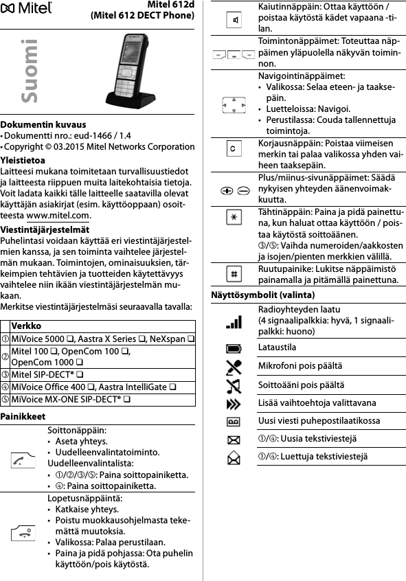 Mitel 612d(Mitel 612 DECT Phone)Dokumentin kuvaus• Dokumentti nro.: eud-1466 / 1.4• Copyright © 03.2015 Mitel Networks CorporationYleistietoaLaitteesi mukana toimitetaan turvallisuustiedot ja laitteesta riippuen muita laitekohtaisia tietoja. Voit ladata kaikki tälle laitteelle saatavilla olevat käyttäjän asiakirjat (esim. käyttöoppaan) osoit-teesta www.mitel.com.ViestintäjärjestelmätPuhelintasi voidaan käyttää eri viestintäjärjestel-mien kanssa, ja sen toiminta vaihtelee järjestel-män mukaan. Toimintojen, ominaisuuksien, tär-keimpien tehtävien ja tuotteiden käytettävyys vaihtelee niin ikään viestintäjärjestelmän mu-kaan.Merkitse viestintäjärjestelmäsi seuraavalla tavalla:PainikkeetNäyttösymbolit (valinta)SuomiVerkko➀MiVoice 5000 ❏, Aastra X Series ❏, NeXspan ❏➁Mitel 100 ❏, OpenCom 100 ❏, OpenCom 1000 ❏➂Mitel SIP-DECT® ❏➃MiVoice Office 400 ❏, Aastra IntelliGate ❏➄MiVoice MX-ONE SIP-DECT® ❏Soittonäppäin:• Aseta yhteys.• Uudelleenvalintatoiminto.Uudelleenvalintalista:•➀/➁/➂/➄: Paina soittopainiketta.•➃: Paina soittopainiketta.Lopetusnäppäintä:• Katkaise yhteys.• Poistu muokkausohjelmasta teke-mättä muutoksia.• Valikossa: Palaa perustilaan.• Paina ja pidä pohjassa: Ota puhelin käyttöön/pois käytöstä.Kaiutinnäppäin: Ottaa käyttöön / poistaa käytöstä kädet vapaana -ti-lan.Toimintonäppäimet: Toteuttaa näp-päimen yläpuolella näkyvän toimin-non.Navigointinäppäimet:• Valikossa: Selaa eteen- ja taakse-päin.• Luetteloissa: Navigoi.• Perustilassa: Couda tallennettuja toimintoja.Korjausnäppäin: Poistaa viimeisen merkin tai palaa valikossa yhden vai-heen taaksepäin.Plus/miinus-sivunäppäimet: Säädä nykyisen yhteyden äänenvoimak-kuutta.Tähtinäppäin: Paina ja pidä painettu-na, kun haluat ottaa käyttöön / pois-taa käytöstä soittoäänen.➂/➄: Vaihda numeroiden/aakkosten ja isojen/pienten merkkien välillä.Ruutupainike: Lukitse näppäimistö painamalla ja pitämällä painettuna.Radioyhteyden laatu (4 signaalipalkkia: hyvä, 1 signaali-palkki: huono)LataustilaMikrofoni pois päältäSoittoääni pois päältäLisää vaihtoehtoja valittavanaUusi viesti puhepostilaatikossa➀/➃: Uusia tekstiviestejä➀/➃: Luettuja tekstiviestejä