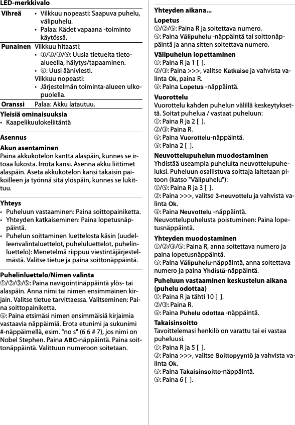 LED-merkkivaloYleisiä ominaisuuksia• KaapelikuulokeliitäntäAsennusAkun asentaminenPaina akkukotelon kantta alaspäin, kunnes se ir-toaa lukosta. Irrota kansi. Asenna akku liittimet alaspäin. Aseta akkukotelon kansi takaisin pai-koilleen ja työnnä sitä ylöspäin, kunnes se lukit-tuu.Yhteys• Puheluun vastaaminen: Paina soittopainiketta.• Yhteyden katkaiseminen: Paina lopetusnäp-päintä.• Puhelun soittaminen luettelosta käsin (uudel-leenvalintaluettelot, puheluluettelot, puhelin-luettelo): Menetelmä riippuu viestintäjärjestel-mästä. Valitse tietue ja paina soittonäppäintä.Puhelinluettelo/Nimen valinta➀/➁/➂/➄: Paina navigointinäppäintä ylös- tai alaspäin. Anna nimi tai nimen ensimmäinen kir-jain. Valitse tietue tarvittaessa. Valitseminen: Pai-na soittopainiketta.➃: Paina etsimäsi nimen ensimmäisiä kirjaimia vastaavia näppäimiä. Erota etunimi ja sukunimi #-näppäimellä, esim. &quot;no s&quot; (6 6 # 7), jos nimi on Nobel Stephen. Paina ABC-näppäintä. Paina soit-tonäppäintä. Valittuun numeroon soitetaan.Yhteyden aikana...Lopetus➀/➁/➄: Paina R ja soitettava numero.➃: Paina Välipuhelu -näppäintä tai soittonäp-päintä ja anna sitten soitettava numero.Välipuhelun lopettaminen➀: Paina R ja 1 [  ].➁/➂: Paina &gt;&gt;&gt;, valitse Katkaise ja vahvista va-linta Ok, paina R.➃: Paina Lopetus -näppäintä.VuorotteluVuorottelu kahden puhelun välillä keskeytykset-tä. Soitat puhelua / vastaat puheluun:➀: Paina R ja 2 [  ].➁/➂: Paina R.➃: Paina Vuorottelu-näppäintä.➄: Paina 2 [  ].Neuvottelupuhelun muodostaminenYhdistää useampia puheluita neuvottelupuhe-luksi. Puheluun osallistuva soittaja laitetaan pi-toon (katso &quot;Välipuhelu&quot;):➀/➄: Paina R ja 3 [  ].➁: Paina &gt;&gt;&gt;, valitse 3-neuvottelu ja vahvista va-linta Ok.➃: Paina Neuvottelu -näppäintä.Neuvottelupuhelusta poistuminen: Paina lope-tusnäppäintä.Yhteyden muodostaminen➀/➁/➂/➄: Paina R, anna soitettava numero ja paina lopetusnäppäintä.➃: Paina Välipuhelu-näppäintä, anna soitettava numero ja paina Yhdistä-näppäintä.Puheluun vastaaminen keskustelun aikana (puhelu odottaa)➀: Paina R ja tähti 10 [  ].➁/➂: Paina R.➃: Paina Puhelu odottaa -näppäintä.TakaisinsoittoTavoittelemasi henkilö on varattu tai ei vastaa puheluusi.➀: Paina R ja 5 [  ].➁: Paina &gt;&gt;&gt;, valitse Soittopyyntö ja vahvista va-linta Ok.➃: Paina Takaisinsoitto-näppäintä.➄: Paina 6 [  ].Vihreä• Vilkkuu nopeasti: Saapuva puhelu, välipuhelu.• Palaa: Kädet vapaana -toiminto käytössä.PunainenVilkkuu hitaasti:•➀/➁/➂/➄: Uusia tietueita tieto-alueella, hälytys/tapaaminen.•➃: Uusi ääniviesti.Vilkkuu nopeasti:• Järjestelmän toiminta-alueen ulko-puolella.OranssiPalaa: Akku latautuu.