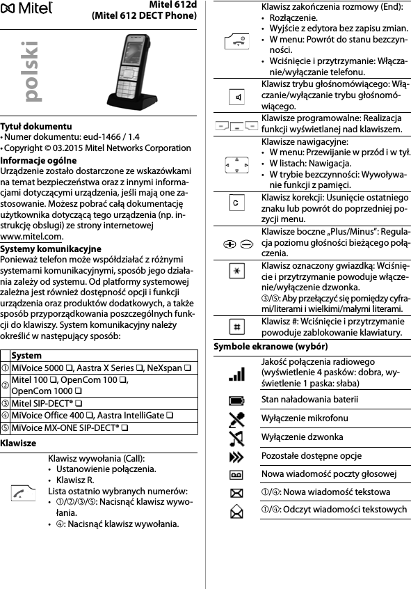 Mitel 612d(Mitel 612 DECT Phone)Tytuł dokumentu• Numer dokumentu: eud-1466 / 1.4• Copyright © 03.2015 Mitel Networks CorporationInformacje ogólneUrządzenie zostało dostarczone ze wskazówkami na temat bezpieczeństwa oraz z innymi informa-cjami dotyczącymi urządzenia, jeśli mają one za-stosowanie. Możesz pobrać całą dokumentację użytkownika dotyczącą tego urządzenia (np. in-strukcję obslugi) ze strony internetowej www.mitel.com.Systemy komunikacyjnePonieważ telefon może współdziałać z różnymi systemami komunikacyjnymi, sposób jego działa-nia zależy od systemu. Od platformy systemowej zależna jest również dostępność opcji i funkcji urządzenia oraz produktów dodatkowych, a także sposób przyporządkowania poszczególnych funk-cji do klawiszy. System komunikacyjny należy określić w następujący sposób:KlawiszeSymbole ekranowe (wybór)polskiSystem➀MiVoice 5000 ❏, Aastra X Series ❏, NeXspan ❏➁Mitel 100 ❏, OpenCom 100 ❏, OpenCom 1000 ❏➂Mitel SIP-DECT® ❏➃MiVoice Office 400 ❏, Aastra IntelliGate ❏➄MiVoice MX-ONE SIP-DECT® ❏Klawisz wywołania (Call):• Ustanowienie połączenia.•Klawisz R.Lista ostatnio wybranych numerów:•➀/➁/➂/➄: Nacisnąć klawisz wywo-łania.•➃: Nacisnąć klawisz wywołania.Klawisz zakończenia rozmowy (End):•Rozłączenie.• Wyjście z edytora bez zapisu zmian.• W menu: Powrót do stanu bezczyn-ności.• Wciśnięcie i przytrzymanie: Włącza-nie/wyłączanie telefonu.Klawisz trybu głośnomówiącego: Włą-czanie/wyłączanie trybu głośnomó-wiącego.Klawisze programowalne: Realizacja funkcji wyświetlanej nad klawiszem.Klawisze nawigacyjne:• W menu: Przewijanie w przód i w tył.• W listach: Nawigacja.• W trybie bezczynności: Wywoływa-nie funkcji z pamięci.Klawisz korekcji: Usunięcie ostatniego znaku lub powrót do poprzedniej po-zycji menu.Klawisze boczne „Plus/Minus”: Regula-cja poziomu głośności bieżącego połą-czenia.Klawisz oznaczony gwiazdką: Wciśnię-cie i przytrzymanie powoduje włącze-nie/wyłączenie dzwonka.➂/➄: Aby przełączyć się pomiędzy cyfra-mi/literami i wielkimi/małymi literami.Klawisz #: Wciśnięcie i przytrzymanie powoduje zablokowanie klawiatury.Jakość połączenia radiowego (wyświetlenie 4 pasków: dobra, wy-świetlenie 1 paska: słaba)Stan naładowania bateriiWyłączenie mikrofonuWyłączenie dzwonkaPozostałe dostępne opcjeNowa wiadomość poczty głosowej➀/➃: Nowa wiadomość tekstowa➀/➃: Odczyt wiadomości tekstowych