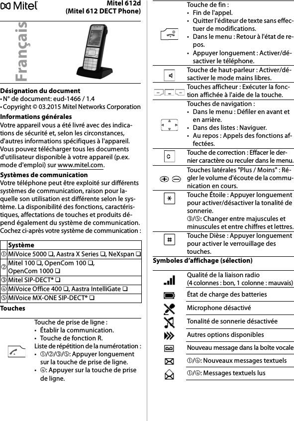 Mitel 612d(Mitel 612 DECT Phone)Désignation du document• N° de document: eud-1466 / 1.4• Copyright © 03.2015 Mitel Networks CorporationInformations généralesVotre appareil vous a été livré avec des indica-tions de sécurité et, selon les circonstances, d&apos;autres informations spécifiques à l&apos;appareil. Vous pouvez télécharger tous les documents d&apos;utilisateur disponible à votre appareil (p.ex. mode d&apos;emploi) sur www.mitel.com.Systèmes de communicationVotre téléphone peut être exploité sur différents systèmes de communication, raison pour la-quelle son utilisation est différente selon le sys-tème. La disponibilité des fonctions, caractéris-tiques, affectations de touches et produits dé-pend également du système de communication.Cochez ci-après votre système de communication :TouchesSymboles d’affichage (sélection)FrançaisSystème➀MiVoice 5000 ❏, Aastra X Series ❏, NeXspan ❏➁Mitel 100 ❏, OpenCom 100 ❏, OpenCom 1000 ❏➂Mitel SIP-DECT® ❏➃MiVoice Office 400 ❏, Aastra IntelliGate ❏➄MiVoice MX-ONE SIP-DECT® ❏Touche de prise de ligne :• Établir la communication.• Touche de fonction R.Liste de répétition de la numérotation :•➀/➁/➂/➄: Appuyer longuement sur la touche de prise de ligne.•➃: Appuyer sur la touche de prise de ligne.Touche de fin :• Fin de l&apos;appel.• Quitter l&apos;éditeur de texte sans effec-tuer de modifications.• Dans le menu : Retour à l&apos;état de re-pos.• Appuyer longuement : Activer/dé-sactiver le téléphone.Touche de haut-parleur : Activer/dé-sactiver le mode mains libres.Touches afficheur : Exécuter la fonc-tion affichée à l&apos;aide de la touche.Touches de navigation :• Dans le menu : Défiler en avant et en arrière.• Dans des listes : Naviguer.• Au repos : Appels des fonctions af-fectées.Touche de correction : Effacer le der-nier caractère ou reculer dans le menu.Touches latérales &quot;Plus / Moins&quot; : Ré-gler le volume d&apos;écoute de la commu-nication en cours.Touche Étoile : Appuyer longuement pour activer/désactiver la tonalité de sonnerie.➂/➄: Changer entre majuscules et minuscules et entre chiffres et lettres.Touche Dièse : Appuyer longuement pour activer le verrouillage des touches.Qualité de la liaison radio (4 colonnes : bon, 1 colonne : mauvais)État de charge des batteriesMicrophone désactivéTonalité de sonnerie désactivéeAutres options disponiblesNouveau message dans la boîte vocale➀/➃: Nouveaux messages textuels➀/➃: Messages textuels lus