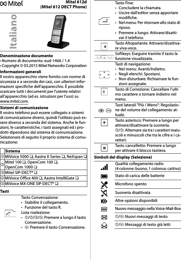 Mitel 612d(Mitel 612 DECT Phone)Denominazione documento• Numero di documento: eud-1466 / 1.4• Copyright © 03.2015 Mitel Networks CorporationInformazioni generaliIl vostro apparecchio viene fornito con norme di sicurezza e a seconda dei casi, con ulteriori infor-mazioni specifiche dell&apos;apparecchio. È possibile scaricare tutti i documenti per l&apos;utente relativi all&apos;apparecchio (ad es. istruzioni per l&apos;uso) su www.mitel.com.Sistemi di comunicazioneIl vostro telefono può essere collegato a sistemi di comunicazione diversi, quindi l&apos;utilizzo può es-sere diverso a seconda del sistema. Anche le fun-zioni, le caratteristiche, i tasti assegnati ed i pro-dotti dipendono dal sistema di comunicazione.Selezionare di seguito il proprio sistema di comu-nicazione:TastiSimboli del display (Selezione)ItalianoSistema➀MiVoice 5000 ❏, Aastra X Series ❏, NeXspan ❏➁Mitel 100 ❏, OpenCom 100 ❏, OpenCom 1000 ❏➂Mitel SIP-DECT® ❏➃MiVoice Office 400 ❏, Aastra IntelliGate ❏➄MiVoice MX-ONE SIP-DECT® ❏Tasto Conversazione:• Stabilire il collegamento.• Funzione del tasto R.Lista riselezione:•➀/➁/➂/➄: Premere a lungo il tasto Conversazione.•➃: Premere il tasto Conversazione.Tasto Fine:• Concludere la chiamata.• Uscire dall&apos;editor senza apportare modifiche.• Nel menu: Per ritornare allo stato di riposo.• Premere a lungo: Attivare/disatti-var il telefono.Tasto Altoparlante: Attivare/disattiva-re viva-voce.Softkeys: Eseguire tramite il tasto la funzione visualizzata.Tasti di navigazione:• Nel menu: Avanti/Indietro.• Negli elenchi: Spostarsi.• Non disturbare: Richiamare le fun-zioni assegnate.Tasto di Correzione: Cancellare l’ulti-mo carattere o tornare indietro nel menu.Tasti laterali &quot;Più / Meno&quot;: Regolazio-ne del volume del collegamento at-tuale.Tasto asterisco: Premere a lungo per attivare/disattivare la suoneria.➂/➄: Alternare sia tra i caratteri maiu-scoli e minuscoli che tra le cifre e i ca-ratteri.Tasto cancelletto: Premere a lungo per attivare il blocco tastiera.Qualità collegamento radio (4 colonne: buono, 1 colonna: cattivo)Stato di carica delle batterieMicrofono spentoSuoneria disattivataAltre opzioni disponibiliNuovo messaggio nella Voice-Mail-Box➀/➃: Nuovi messaggi di testo➀/➃: Messaggi di testo già letti