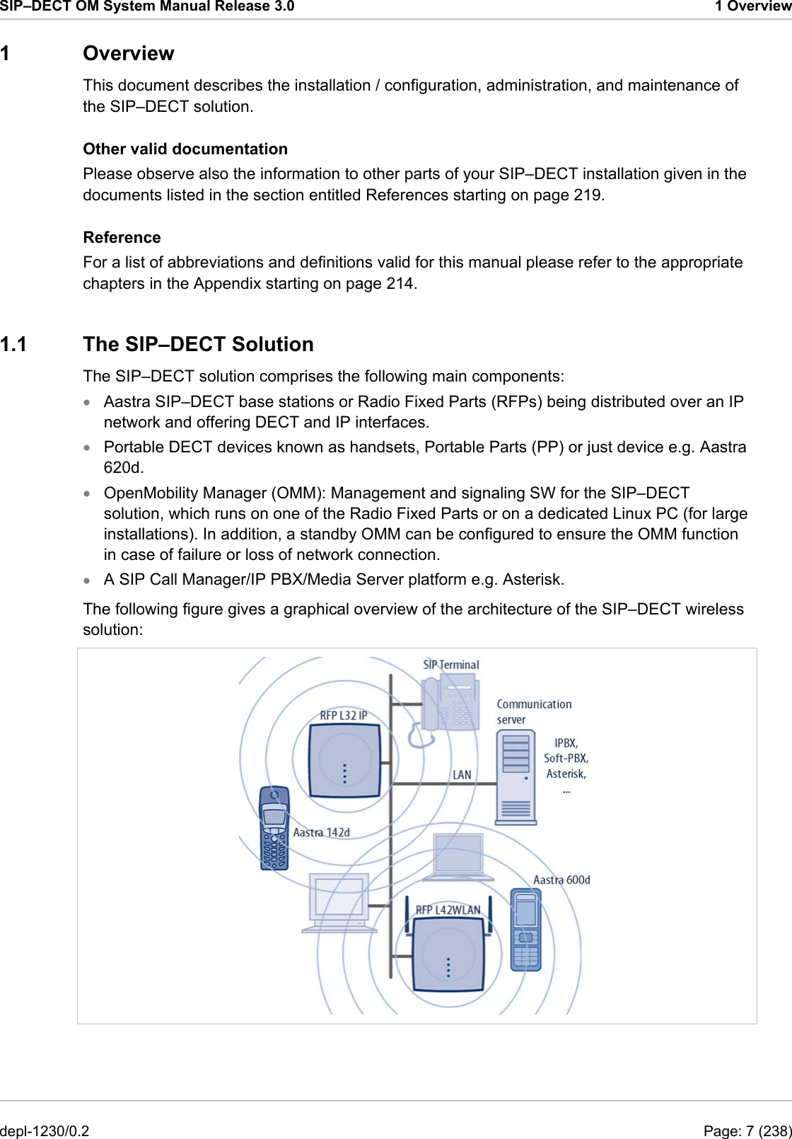 SIP–DECT OM System Manual Release 3.0  1 Overview 1 Overview This document describes the installation / configuration, administration, and maintenance of the SIP–DECT solution.  Other valid documentation Please observe also the information to other parts of your SIP–DECT installation given in the documents listed in the section entitled References starting on page 219. Reference For a list of abbreviations and definitions valid for this manual please refer to the appropriate chapters in the Appendix starting on page 214. 1.1 The SIP–DECT Solution The SIP–DECT solution comprises the following main components:  Aastra SIP–DECT base stations or Radio Fixed Parts (RFPs) being distributed over an IP network and offering DECT and IP interfaces.  • • • • Portable DECT devices known as handsets, Portable Parts (PP) or just device e.g. Aastra 620d. OpenMobility Manager (OMM): Management and signaling SW for the SIP–DECT solution, which runs on one of the Radio Fixed Parts or on a dedicated Linux PC (for large installations). In addition, a standby OMM can be configured to ensure the OMM function in case of failure or loss of network connection.  A SIP Call Manager/IP PBX/Media Server platform e.g. Asterisk.  The following figure gives a graphical overview of the architecture of the SIP–DECT wireless solution:   depl-1230/0.2  Page: 7 (238) 