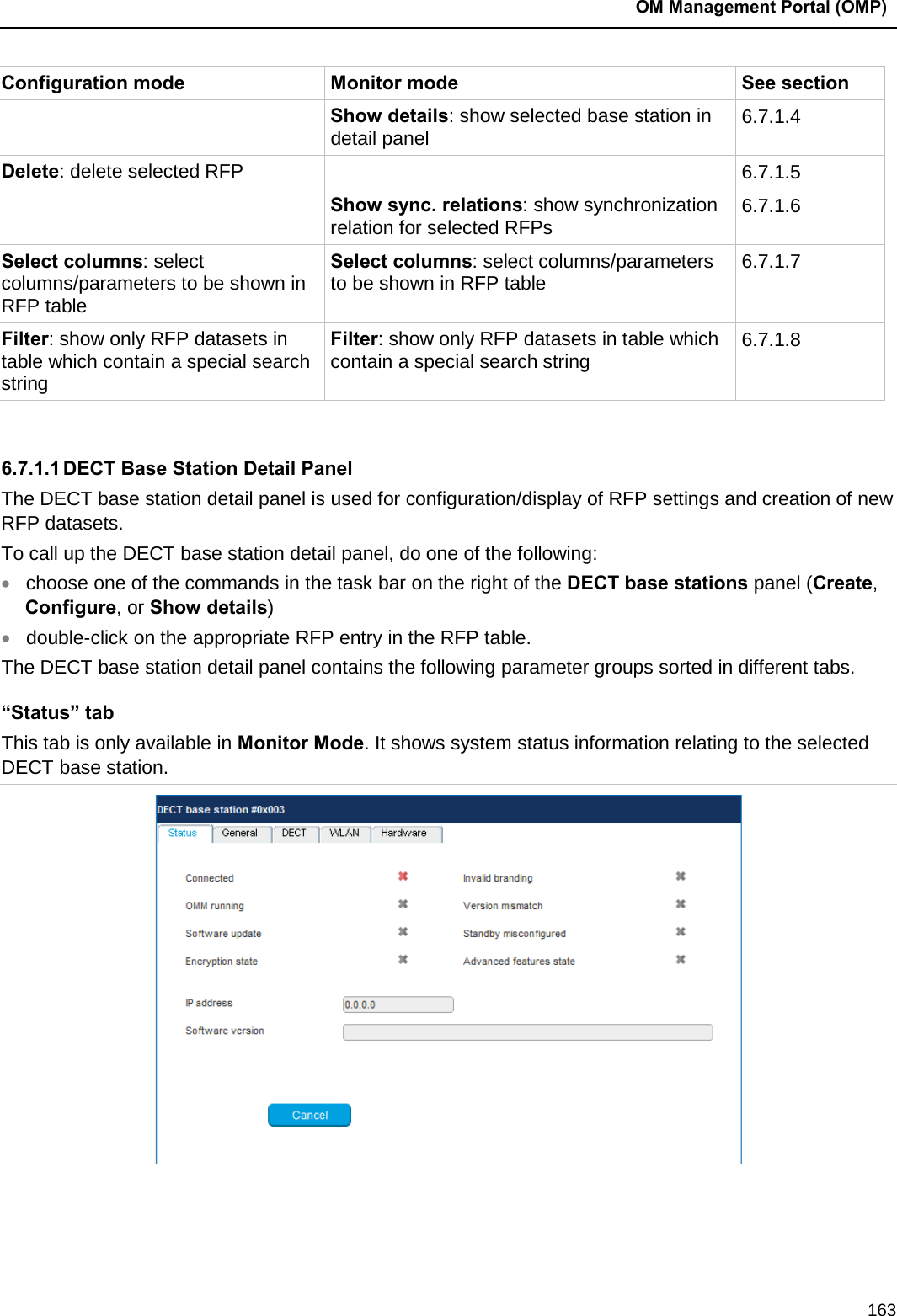  OM Management Portal (OMP)  163 Configuration mode Monitor mode See section  Show details: show selected base station in detail panel 6.7.1.4 Delete: delete selected RFP  6.7.1.5  Show sync. relations: show synchronization relation for selected RFPs 6.7.1.6 Select columns: select columns/parameters to be shown in RFP table Select columns: select columns/parameters to be shown in RFP table 6.7.1.7 Filter: show only RFP datasets in table which contain a special search string Filter: show only RFP datasets in table which contain a special search string 6.7.1.8  6.7.1.1 DECT Base Station Detail Panel The DECT base station detail panel is used for configuration/display of RFP settings and creation of new RFP datasets.  To call up the DECT base station detail panel, do one of the following:  • choose one of the commands in the task bar on the right of the DECT base stations panel (Create, Configure, or Show details) • double-click on the appropriate RFP entry in the RFP table. The DECT base station detail panel contains the following parameter groups sorted in different tabs. “Status” tab This tab is only available in Monitor Mode. It shows system status information relating to the selected DECT base station.   