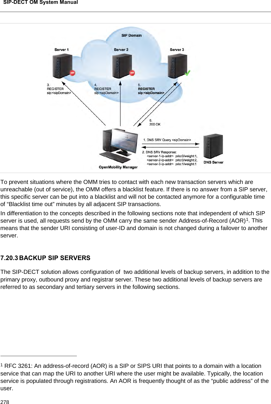  SIP-DECT OM System Manual    278  To prevent situations where the OMM tries to contact with each new transaction servers which are unreachable (out of service), the OMM offers a blacklist feature. If there is no answer from a SIP server, this specific server can be put into a blacklist and will not be contacted anymore for a configurable time of “Blacklist time out” minutes by all adjacent SIP transactions. In differentiation to the concepts described in the following sections note that independent of which SIP server is used, all requests send by the OMM carry the same sender Address-of-Record (AOR)1. This means that the sender URI consisting of user-ID and domain is not changed during a failover to another server.  7.20.3 BACKUP SIP SERVERS The SIP-DECT solution allows configuration of  two additional levels of backup servers, in addition to the primary proxy, outbound proxy and registrar server. These two additional levels of backup servers are referred to as secondary and tertiary servers in the following sections.                                                 1 RFC 3261: An address-of-record (AOR) is a SIP or SIPS URI that points to a domain with a location service that can map the URI to another URI where the user might be available. Typically, the location service is populated through registrations. An AOR is frequently thought of as the “public address” of the user. 