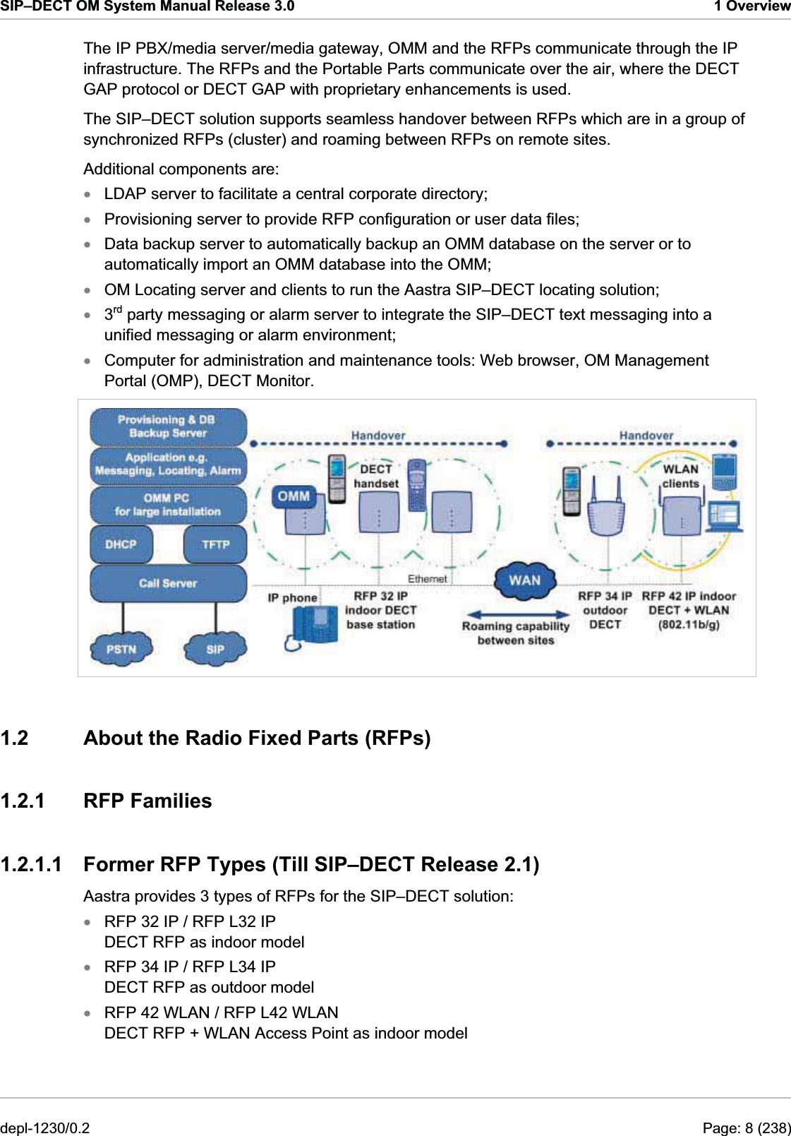 SIP–DECT OM System Manual Release 3.0  1 Overview The IP PBX/media server/media gateway, OMM and the RFPs communicate through the IP infrastructure. The RFPs and the Portable Parts communicate over the air, where the DECT GAP protocol or DECT GAP with proprietary enhancements is used.  The SIP–DECT solution supports seamless handover between RFPs which are in a group of synchronized RFPs (cluster) and roaming between RFPs on remote sites.  Additional components are:  LDAP server to facilitate a central corporate directory;  xxxxxxProvisioning server to provide RFP configuration or user data files;  Data backup server to automatically backup an OMM database on the server or to automatically import an OMM database into the OMM;  OM Locating server and clients to run the Aastra SIP–DECT locating solution;  3rd party messaging or alarm server to integrate the SIP–DECT text messaging into a unified messaging or alarm environment;  Computer for administration and maintenance tools: Web browser, OM Management Portal (OMP), DECT Monitor.   1.2  About the Radio Fixed Parts (RFPs) 1.2.1 RFP Families 1.2.1.1  Former RFP Types (Till SIP–DECT Release 2.1) Aastra provides 3 types of RFPs for the SIP–DECT solution:  RFP 32 IP / RFP L32 IP DECT RFP as indoor model  xxxRFP 34 IP / RFP L34 IP DECT RFP as outdoor model  RFP 42 WLAN / RFP L42 WLAN DECT RFP + WLAN Access Point as indoor model  depl-1230/0.2  Page: 8 (238) 