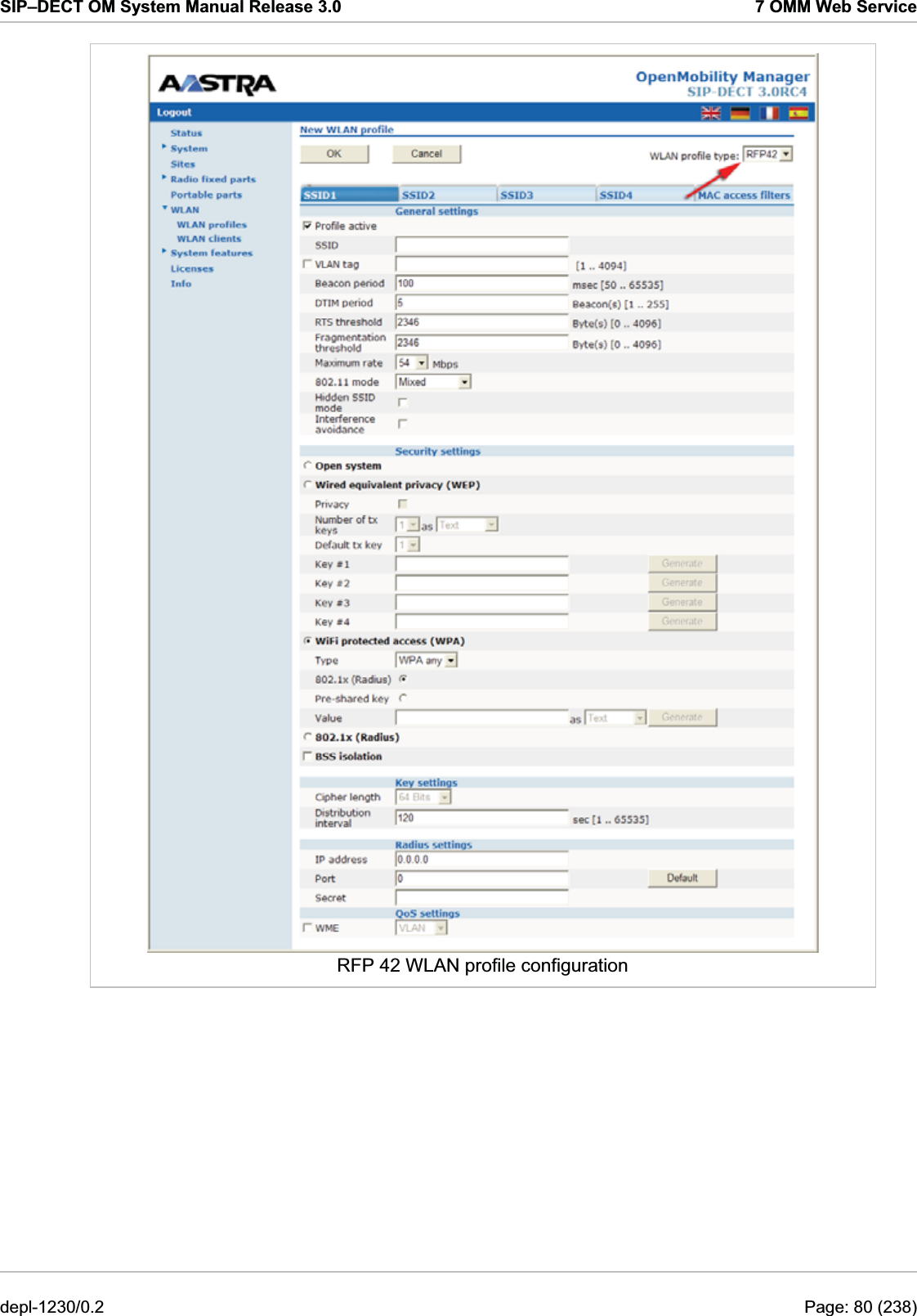 SIP–DECT OM System Manual Release 3.0  7 OMM Web Service  RFP 42 WLAN profile configuration  depl-1230/0.2  Page: 80 (238) 