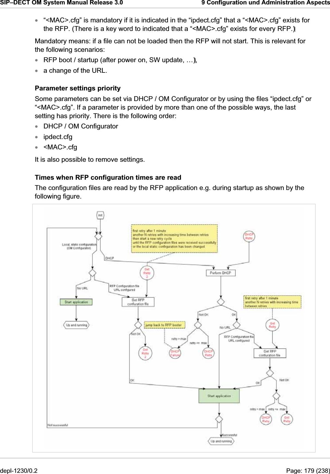 SIP–DECT OM System Manual Release 3.0  9 Configuration und Administration Aspects “&lt;MAC&gt;.cfg” is mandatory if it is indicated in the “ipdect.cfg” that a “&lt;MAC&gt;.cfg” exists for the RFP. (There is a key word to indicated that a “&lt;MAC&gt;.cfg” exists for every RFP.) xxxxxxMandatory means: if a file can not be loaded then the RFP will not start. This is relevant for the following scenarios: RFP boot / startup (after power on, SW update, …), a change of the URL. Parameter settings priority Some parameters can be set via DHCP / OM Configurator or by using the files “ipdect.cfg” or “&lt;MAC&gt;.cfg”. If a parameter is provided by more than one of the possible ways, the last setting has priority. There is the following order: DHCP / OM Configurator ipdect.cfg &lt;MAC&gt;.cfg It is also possible to remove settings. Times when RFP configuration times are read The configuration files are read by the RFP application e.g. during startup as shown by the following figure.  depl-1230/0.2  Page: 179 (238) 