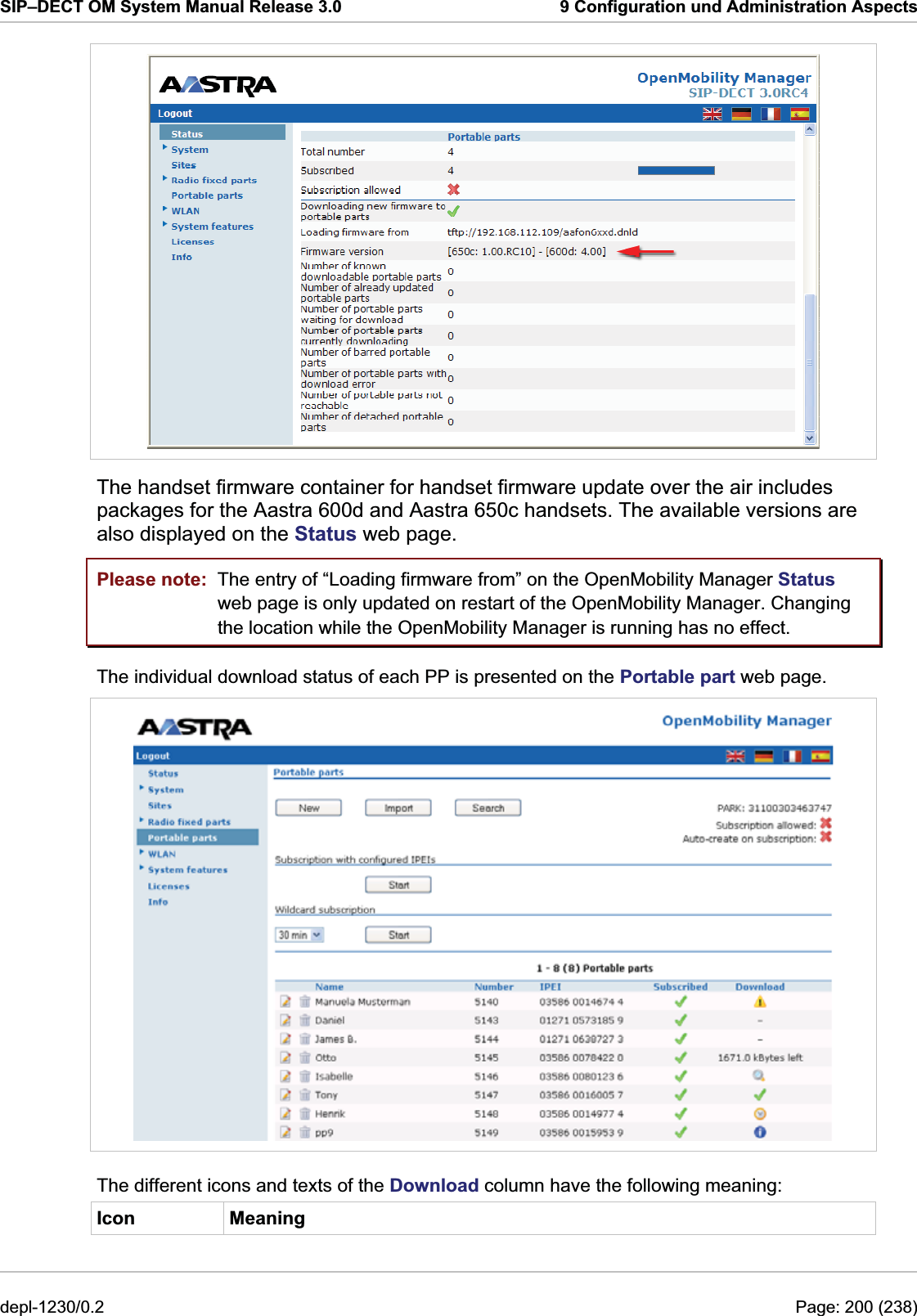 SIP–DECT OM System Manual Release 3.0  9 Configuration und Administration Aspects  The handset firmware container for handset firmware update over the air includes packages for the Aastra 600d and Aastra 650c handsets. The available versions are also displayed on the Status web page. Please note:  The entry of “Loading firmware from” on the OpenMobility Manager Status web page is only updated on restart of the OpenMobility Manager. Changing the location while the OpenMobility Manager is running has no effect. The individual download status of each PP is presented on the Portable part web page.  The different icons and texts of the Download column have the following meaning: Icon Meaning depl-1230/0.2  Page: 200 (238) 