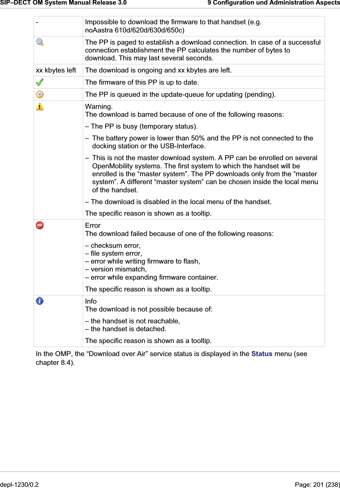 SIP–DECT OM System Manual Release 3.0  9 Configuration und Administration Aspects -  Impossible to download the firmware to that handset (e.g. noAastra 610d/620d/630d/650c) The PP is paged to establish a download connection. In case of a successful connection establishment the PP calculates the number of bytes to download. This may last several seconds.  xx kbytes left  The download is ongoing and xx kbytes are left.  The firmware of this PP is up to date.   Warning. The download is barred because of one of the following reasons: –  The battery power is lower than 50% and the PP is not connected to the docking station or the USB-Interface. –  This is not the master download system. A PP can be enrolled on several OpenMobility systems. The first system to which the handset will be enrolled is the “master system”. The PP downloads only from the “master system”. A different “master system” can be chosen inside the local menu of the handset. – The download is disabled in the local menu of the handset.  Error The download failed because of one of the following reasons: The specific reason is shown as a tooltip.  The PP is queued in the update-queue for updating (pending). – The PP is busy (temporary status). The specific reason is shown as a tooltip. – checksum error, – file system error, – error while writing firmware to flash, – version mismatch, – error while expanding firmware container. Info The download is not possible because of: – the handset is not reachable, – the handset is detached. The specific reason is shown as a tooltip. In the OMP, the “Download over Air” service status is displayed in the Status menu (see chapter 8.4).  depl-1230/0.2  Page: 201 (238) 