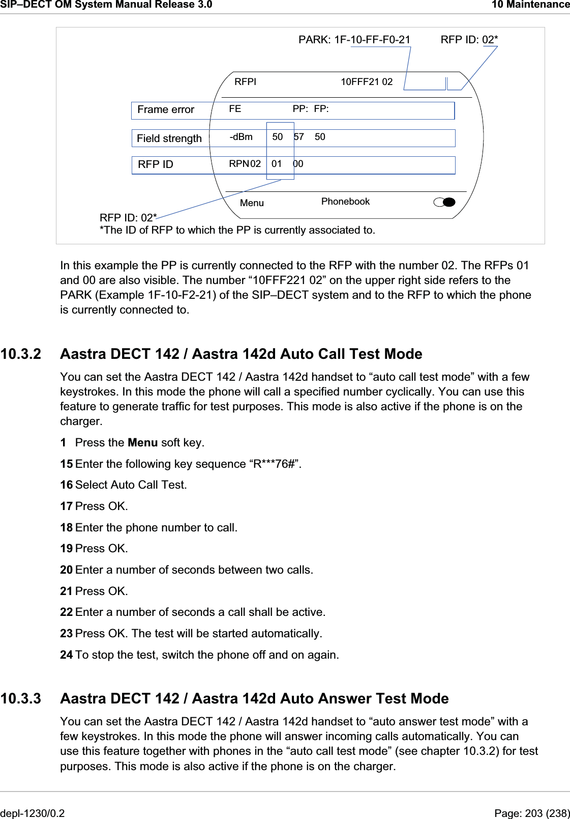 SIP–DECT OM System Manual Release 3.0  10 Maintenance  Menu  Phonebook RFPI    10FFF21 02 FE   PP: FP: -dBm  50 57 50 RPN 02 01 00 PARK: 1F-10-FF-F0-21 RFP ID: 02*RFP ID: 02* *The ID of RFP to which the PP is currently associated to. Frame error Field strength RFP ID  In this example the PP is currently connected to the RFP with the number 02. The RFPs 01 and 00 are also visible. The number “10FFF221 02” on the upper right side refers to the PARK (Example 1F-10-F2-21) of the SIP–DECT system and to the RFP to which the phone is currently connected to. 10.3.2  Aastra DECT 142 / Aastra 142d Auto Call Test Mode You can set the Aastra DECT 142 / Aastra 142d handset to “auto call test mode” with a few keystrokes. In this mode the phone will call a specified number cyclically. You can use this feature to generate traffic for test purposes. This mode is also active if the phone is on the charger. 1  Press the Menu soft key. 15 Enter the following key sequence “R***76#”. 16 Select Auto Call Test. 17 Press OK. 18 Enter the phone number to call. 19 Press OK. 20 Enter a number of seconds between two calls. 21 Press OK. 22 Enter a number of seconds a call shall be active. 23 Press OK. The test will be started automatically. 24 To stop the test, switch the phone off and on again. 10.3.3  Aastra DECT 142 / Aastra 142d Auto Answer Test Mode You can set the Aastra DECT 142 / Aastra 142d handset to “auto answer test mode” with a few keystrokes. In this mode the phone will answer incoming calls automatically. You can use this feature together with phones in the “auto call test mode” (see chapter 10.3.2) for test purposes. This mode is also active if the phone is on the charger. depl-1230/0.2  Page: 203 (238) 