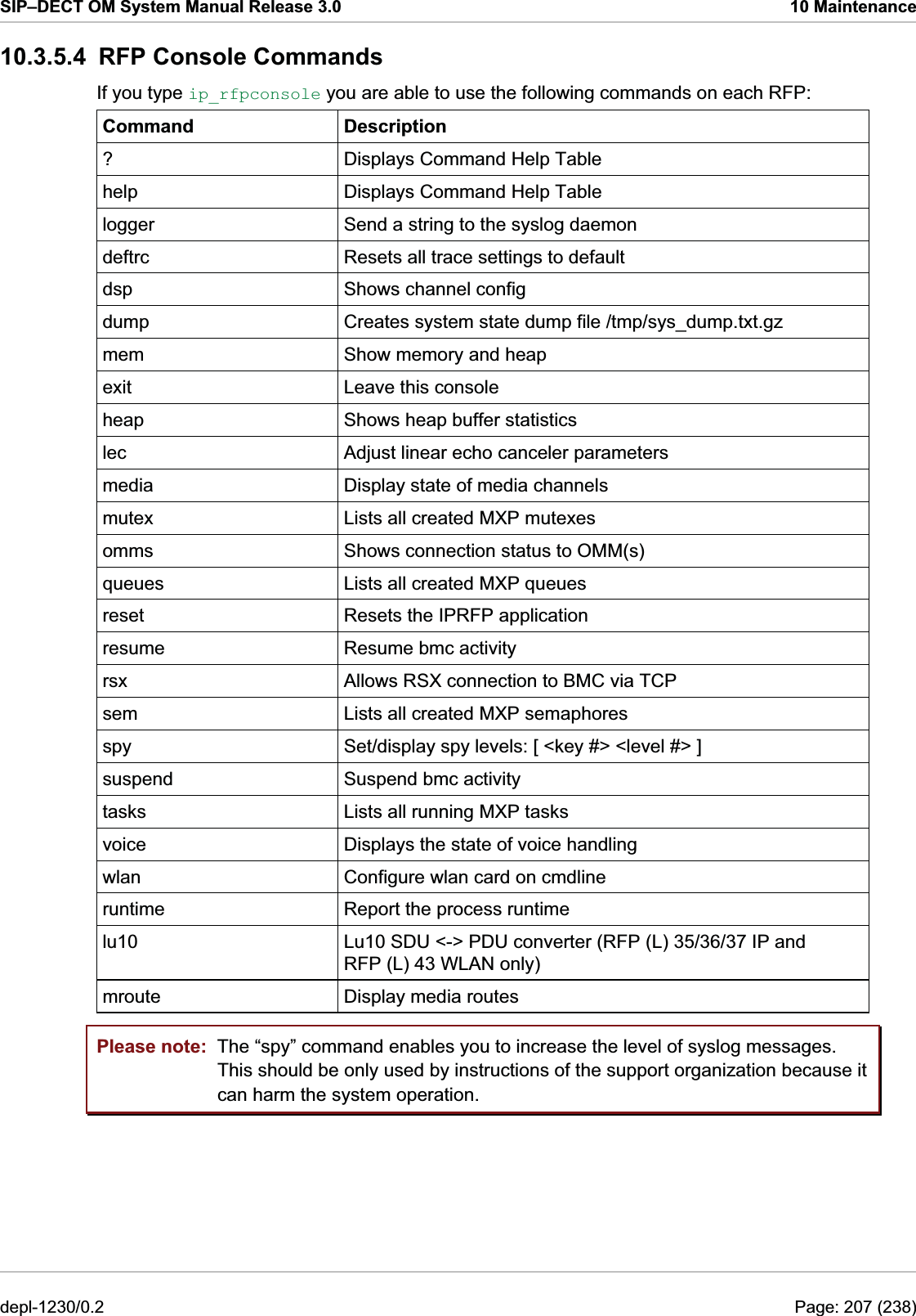 SIP–DECT OM System Manual Release 3.0  10 Maintenance 10.3.5.4  RFP Console Commands If you type ip_rfpconsole you are able to use the following commands on each RFP: Command Description ?  Displays Command Help Table help  Displays Command Help Table logger  Send a string to the syslog daemon deftrc  Resets all trace settings to default dsp  Shows channel config dump  Creates system state dump file /tmp/sys_dump.txt.gz mem  Show memory and heap exit  Leave this console heap  Shows heap buffer statistics lec  Adjust linear echo canceler parameters media  Display state of media channels mutex  Lists all created MXP mutexes omms  Shows connection status to OMM(s) queues  Lists all created MXP queues reset  Resets the IPRFP application resume  Resume bmc activity rsx  Allows RSX connection to BMC via TCP Lists all created MXP semaphores spy suspend  Suspend bmc activity tasks  Lists all running MXP tasks Displays the state of voice handling wlan runtime  Report the process runtime sem Set/display spy levels: [ &lt;key #&gt; &lt;level #&gt; ] voice Configure wlan card on cmdline lu10  Lu10 SDU &lt;-&gt; PDU converter (RFP (L) 35/36/37 IP and RFP (L) 43 WLAN only) mroute  Display media routes Please note:  The “spy” command enables you to increase the level of syslog messages. This should be only used by instructions of the support organization because it can harm the system operation. depl-1230/0.2  Page: 207 (238) 