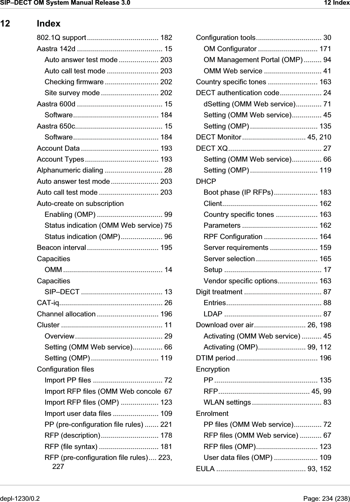 SIP–DECT OM System Manual Release 3.0  12 Index 12 Index Configuration tools................................. 30 802.1Q support.................................... 182 OM Configurator .............................. 171 Aastra 142d ........................................... 15 OM Management Portal (OMP) ......... 94 Auto answer test mode .................... 203 OMM Web service ............................. 41 Auto call test mode .......................... 203 Checking firmware ........................... 202 Site survey mode ............................. 202 Aastra 600d ........................................... 15 Software........................................... 184 Aastra 650c............................................ 15 Software........................................... 184 Account Data ....................................... 193 Account Types..................................... 193 Alphanumeric dialing ............................. 28 Auto answer test mode........................ 203 Auto call test mode .............................. 203 Auto-create on subscription Enabling (OMP) ................................. 99 Status indication (OMM Web service) 75 Status indication (OMP)..................... 96 Beacon interval.................................... 195 Capacities OMM .................................................. 14 Capacities SIP–DECT ......................................... 13 CAT-iq.................................................... 26 Channel allocation ............................... 196 Cluster ................................................... 11 Overview............................................ 29 Setting (OMM Web service)............... 66 RFP (pre-configuration file rules).... 223, 227 Country specific tones ......................... 163 DECT Monitor................................ 45, 210 Boot phase (IP RFPs)...................... 183 Server requirements ........................ 159 Entries................................................ 88 RFP files (OMP)............................... 123 DECT authentication code..................... 24 dSetting (OMM Web service)............. 71 Setting (OMM Web service)............... 45 Setting (OMP) .................................. 135 DECT XQ............................................... 27 Setting (OMM Web service)............... 66 Setting (OMP) .................................. 119 DHCP Client................................................ 162 Country specific tones ..................... 163 Parameters ...................................... 162 RPF Configuration ........................... 164 Server selection ............................... 165 Setup ................................................. 17 Vendor specific options.................... 163 Digit treatment ....................................... 87 LDAP ................................................. 87 Download over air.......................... 26, 198 Activating (OMM Web service) .......... 45 Activating (OMP)........................ 99, 112 DTIM period......................................... 196 Setting (OMP) .................................. 119 Encryption Configuration files PP .................................................... 135 Import PP files ................................... 72 RFP.............................................. 45, 99 Import RFP files (OMM Web concole 67 WLAN settings ................................... 83 Import RFP files (OMP) ................... 123 Enrolment Import user data files ....................... 109 PP files (OMM Web service).............. 72 PP (pre-configuration file rules) ....... 221 RFP files (OMM Web service) ........... 67 RFP (description)............................. 178 RFP (file syntax) .............................. 181 User data files (OMP) ...................... 109 EULA ............................................. 93, 152 depl-1230/0.2  Page: 234 (238) 