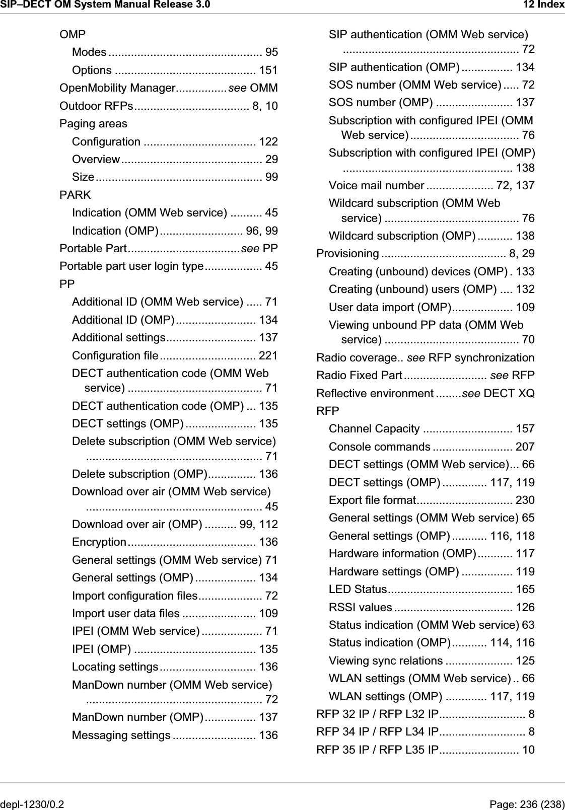 SIP–DECT OM System Manual Release 3.0  12 Index SIP authentication (OMM Web service)....................................................... 72 OMP Modes ................................................ 95 SIP authentication (OMP) ................ 134 Options ............................................ 151 SOS number (OMM Web service) ..... 72 OpenMobility Manager................see OMM PARK PP DECT authentication code (OMM Web service) .......................................... 71 Download over air (OMM Web service)....................................................... 45 Messaging settings .......................... 136 SOS number (OMP) ........................ 137 Outdoor RFPs.................................... 8, 10 Subscription with configured IPEI (OMM Web service).................................. 76 Paging areas Configuration ................................... 122 Subscription with configured IPEI (OMP)..................................................... 138 Overview............................................ 29 Size.................................................... 99  Voice mail number ..................... 72, 137 Wildcard subscription (OMM Web service) .......................................... 76 Indication (OMM Web service) .......... 45 Indication (OMP).......................... 96, 99  Wildcard subscription (OMP) ........... 138 Portable Part...................................see PP  Provisioning ....................................... 8, 29 Portable part user login type.................. 45  Creating (unbound) devices (OMP) . 133 Creating (unbound) users (OMP) .... 132 Additional ID (OMM Web service) ..... 71  User data import (OMP)................... 109 Additional ID (OMP)......................... 134  Viewing unbound PP data (OMM Web service) .......................................... 70 Additional settings............................ 137 Configuration file.............................. 221  Radio coverage.. see RFP synchronization Radio Fixed Part.......................... see RFP Reflective environment ........see DECT XQ DECT authentication code (OMP) ... 135  RFP DECT settings (OMP) ...................... 135  Channel Capacity ............................ 157 Delete subscription (OMM Web service)....................................................... 71  Console commands ......................... 207 DECT settings (OMM Web service)... 66 Delete subscription (OMP)............... 136  DECT settings (OMP) .............. 117, 119 Export file format.............................. 230 General settings (OMM Web service) 65 Download over air (OMP) .......... 99, 112 General settings (OMP) ........... 116, 118 Encryption........................................ 136 Hardware information (OMP)........... 117 General settings (OMM Web service) 71 Hardware settings (OMP) ................ 119 General settings (OMP) ................... 134 LED Status....................................... 165 Import configuration files.................... 72 RSSI values ..................................... 126 Import user data files ....................... 109 Status indication (OMM Web service) 63 IPEI (OMM Web service) ................... 71 Status indication (OMP)........... 114, 116 IPEI (OMP) ...................................... 135 Viewing sync relations ..................... 125 Locating settings.............................. 136 WLAN settings (OMM Web service) .. 66 ManDown number (OMM Web service)....................................................... 72  WLAN settings (OMP) ............. 117, 119 RFP 32 IP / RFP L32 IP........................... 8 ManDown number (OMP)................ 137 RFP 34 IP / RFP L34 IP........................... 8 RFP 35 IP / RFP L35 IP......................... 10 depl-1230/0.2  Page: 236 (238) 