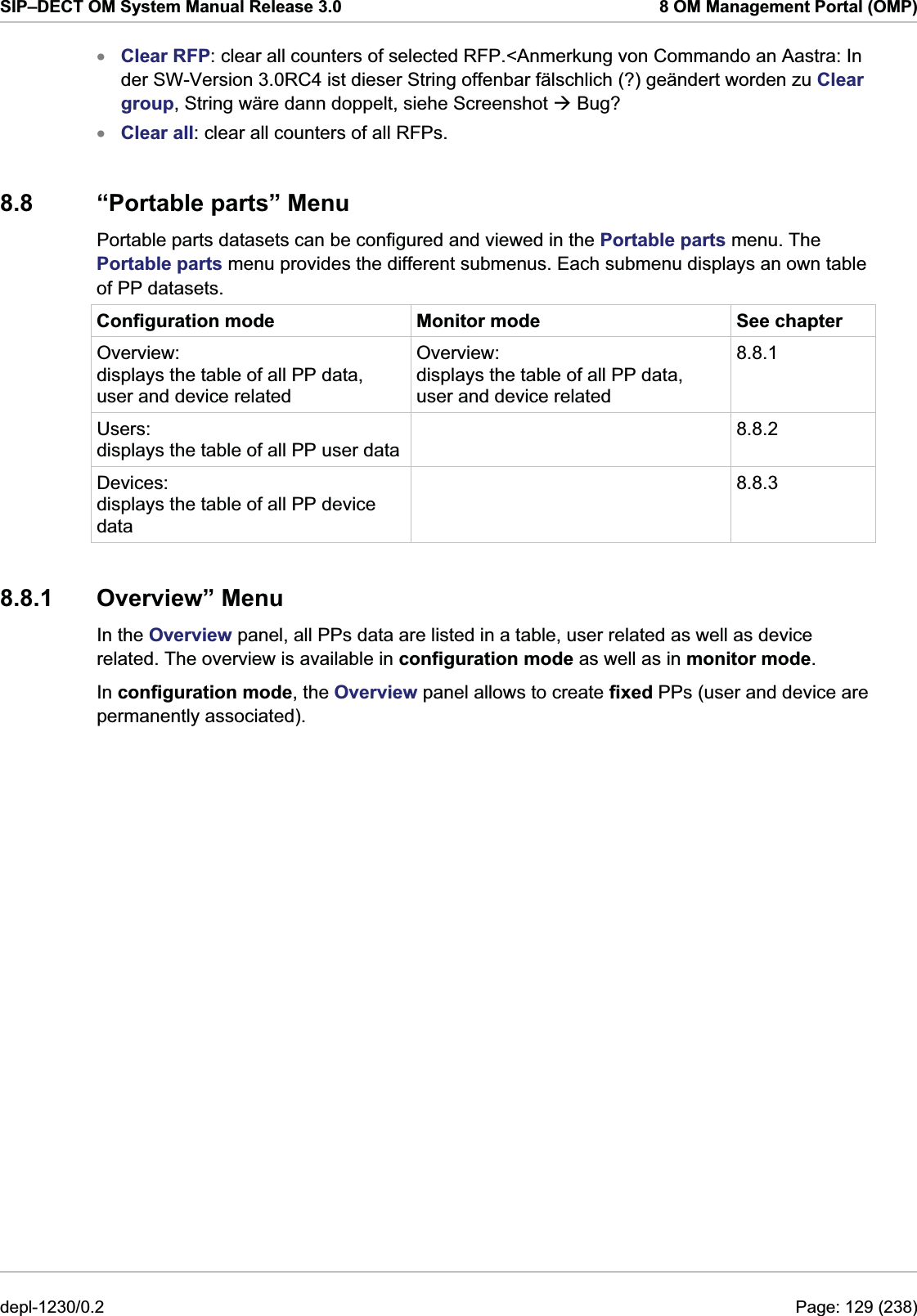 SIP–DECT OM System Manual Release 3.0  8 OM Management Portal (OMP) Clear RFP: clear all counters of selected RFP.&lt;Anmerkung von Commando an Aastra: In der SW-Version 3.0RC4 ist dieser String offenbar fälschlich (?) geändert worden zu Clear group, String wäre dann doppelt, siehe Screenshot Æ Bug? xx Clear all: clear all counters of all RFPs. 8.8 “Portable parts” Menu Portable parts datasets can be configured and viewed in the Portable parts menu. The Portable parts menu provides the different submenus. Each submenu displays an own table of PP datasets. Configuration mode  Monitor mode  See chapter Overview:  displays the table of all PP data, user and device related Overview:  displays the table of all PP data, user and device related 8.8.1 Users:  displays the table of all PP user data 8.8.2 Devices:  displays the table of all PP device data  8.8.3 8.8.1 Overview” Menu In the Overview panel, all PPs data are listed in a table, user related as well as device related. The overview is available in configuration mode as well as in monitor mode.  In configuration mode, the Overview panel allows to create fixed PPs (user and device are permanently associated). depl-1230/0.2  Page: 129 (238) 