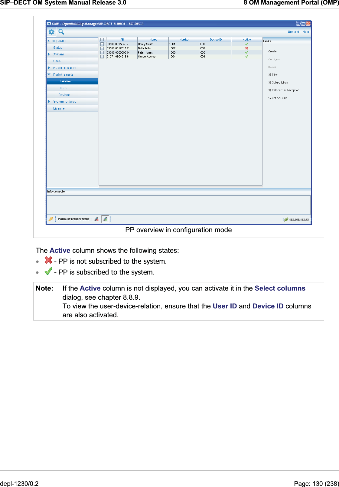 SIP–DECT OM System Manual Release 3.0  8 OM Management Portal (OMP)  PP overview in configuration mode The Active column shows the following states:  - PP is not subscribed to the system. x - PP is subscribed to the system. xNote:  If the Active column is not displayed, you can activate it in the Select columns dialog, see chapter 8.8.9. To view the user-device-relation, ensure that the User ID and Device ID columns are also activated. depl-1230/0.2  Page: 130 (238) 