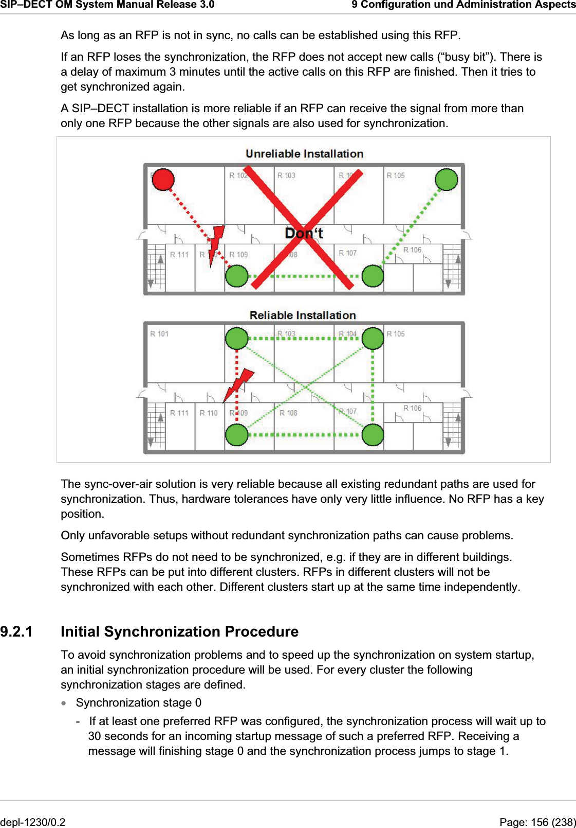 SIP–DECT OM System Manual Release 3.0  9 Configuration und Administration Aspects As long as an RFP is not in sync, no calls can be established using this RFP. If an RFP loses the synchronization, the RFP does not accept new calls (“busy bit”). There is a delay of maximum 3 minutes until the active calls on this RFP are finished. Then it tries to get synchronized again. A SIP–DECT installation is more reliable if an RFP can receive the signal from more than only one RFP because the other signals are also used for synchronization.  The sync-over-air solution is very reliable because all existing redundant paths are used for synchronization. Thus, hardware tolerances have only very little influence. No RFP has a key position. Only unfavorable setups without redundant synchronization paths can cause problems. Sometimes RFPs do not need to be synchronized, e.g. if they are in different buildings. These RFPs can be put into different clusters. RFPs in different clusters will not be synchronized with each other. Different clusters start up at the same time independently. 9.2.1  Initial Synchronization Procedure To avoid synchronization problems and to speed up the synchronization on system startup, an initial synchronization procedure will be used. For every cluster the following synchronization stages are defined. Synchronization stage 0 x-  If at least one preferred RFP was configured, the synchronization process will wait up to 30 seconds for an incoming startup message of such a preferred RFP. Receiving a message will finishing stage 0 and the synchronization process jumps to stage 1. depl-1230/0.2  Page: 156 (238) 