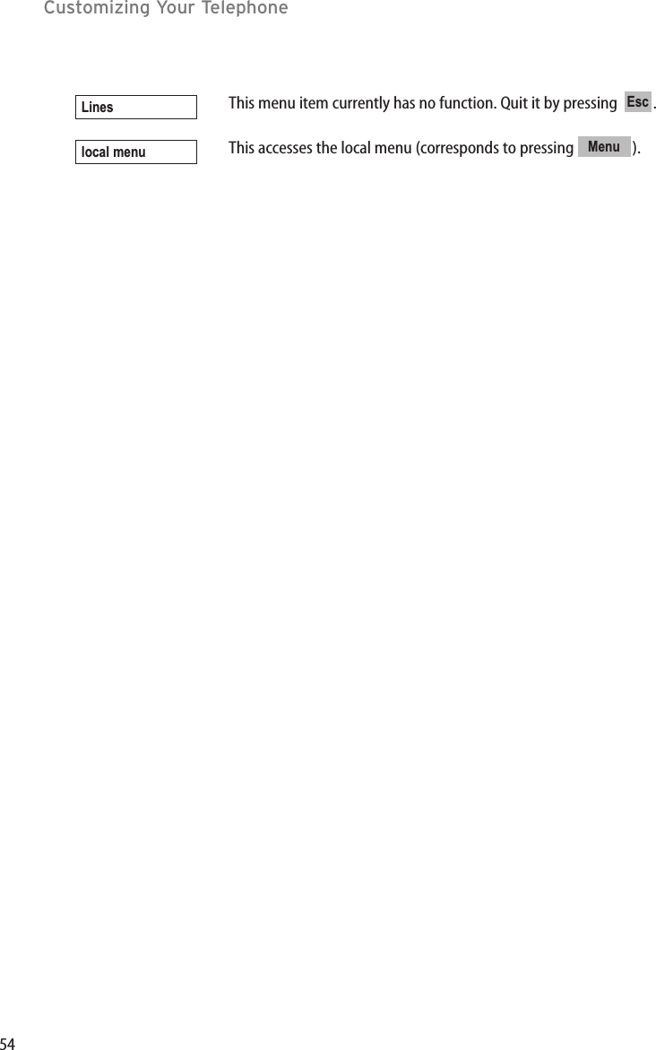 54Customizing Your TelephoneThis menu item currently has no function. Quit it by pressing   .This accesses the local menu (corresponds to pressing  ).Menu local menuEscLines
