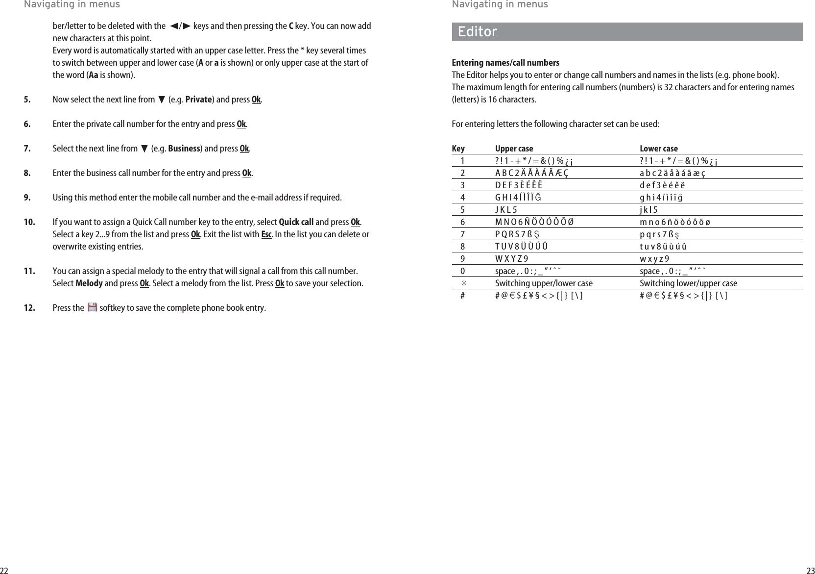 23Navigating in menusEditorEntering names/call numbersThe Editor helps you to enter or change call numbers and names in the lists (e.g. phone book).The maximum length for entering call numbers (numbers) is 32 characters and for entering names(letters) is 16 characters. For entering letters the following character set can be used: Key Upper case Lower case1? ! 1 - + * / = &amp; ( ) % ¿ ¡ ? ! 1 - + * / = &amp; ( ) % ¿ ¡2A B C 2 Ä Å À Á Ã Æ Ç a b c 2 ä å à á ã æ ç3D E F 3 È É Ê Ë  d e f 3 è é ê ë4G H I 4 Í Ì Î Ï ∏g h i 4 í ì î ï π5JKL5 j k l 56M N O 6 Ñ Ö Ò Ó Ô Õ Ø m n o 6 ñ ö ò ó ô õ ø7P Q R S 7 ß Ωp q r s 7 ß µ8T U V 8 Ü Ù Ú Û t u v 8 ü ù ú û9WXYZ 9  w x y z 90space , . 0 : ; _ ” ‘ ˆ ˜ space , . 0 : ; _ ” ‘ ˆ ˜ ✳Switching upper/lower case Switching lower/upper case## @ €$ £ ¥ § &lt; &gt; { | }  [ \ ] # @ €$ £ ¥ § &lt; &gt; { | }  [ \ ]22Navigating in menusber/letter to be deleted with the  ➛/❿keys and then pressing the Ckey. You can now addnew characters at this point. Every word is automatically started with an upper case letter. Press the * key several timesto switch between upper and lower case (Aor ais shown) or only upper case at the start ofthe word (Aa is shown).5. Now select the next line from ❷(e.g. Private) and press Ok.6. Enter the private call number for the entry and press Ok.7. Select the next line from ❷(e.g. Business) and press Ok.8. Enter the business call number for the entry and press Ok.9. Using this method enter the mobile call number and the e-mail address if required.10. If you want to assign a Quick Call number key to the entry, select Quick call and press Ok.Select a key 2...9 from the list and press Ok. Exit the list with Esc. In the list you can delete oroverwrite existing entries.11. You can assign a special melody to the entry that will signal a call from this call number.Select Melody and press Ok. Select a melody from the list. Press Okto save your selection.12. Press the  softkey to save the complete phone book entry.