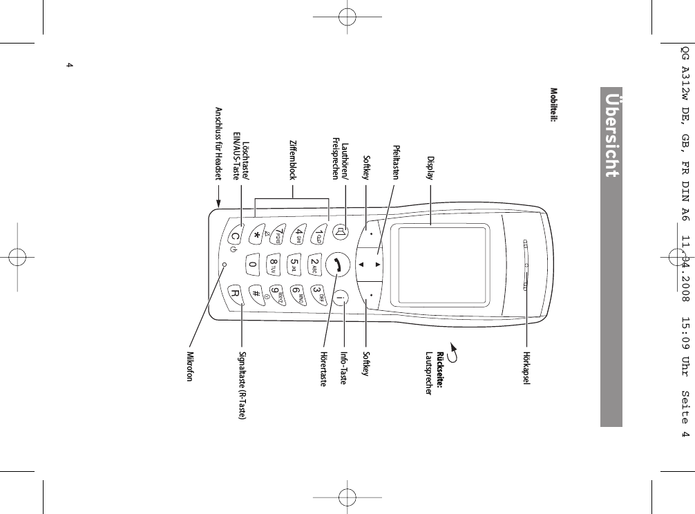 4Mobilteil:DisplayHörkapselRückseite:LautsprecherSoftkey SoftkeyInfo-TasteSignaltaste (R-Taste)HörertasteLauthören/FreisprechenZiffernblockLöschtaste/EIN/AUS-TasteMikrofonPfeiltastenAnschluss für Headset USB-Schnittstelle(für Service und späterÜbersicht QG A312w DE, GB, FR DIN A6  11.04.2008  15:09 Uhr  Seite 4