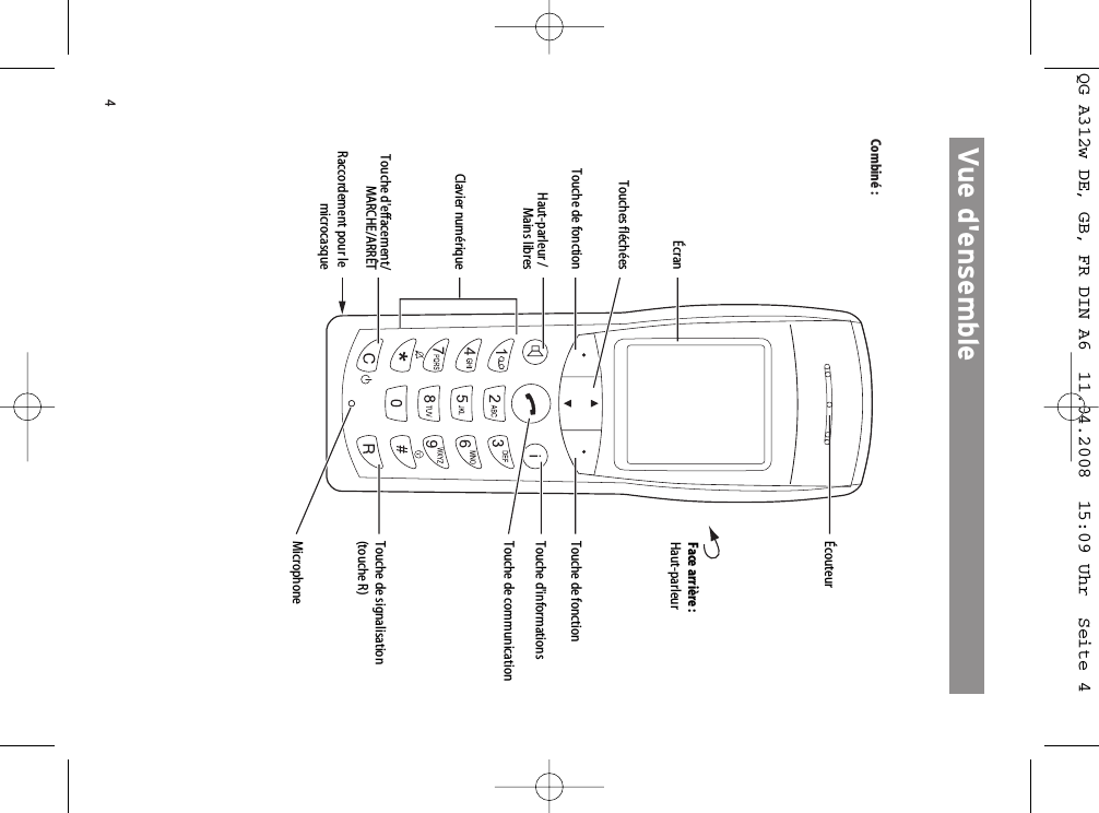 4Combiné :ÉcranÉcouteurFace arrière :Haut-parleurTouche de fonction Touche de fonctionTouche d&apos;informationsTouche de signalisation (touche R)Touche de communicationHaut-parleur / Mains libresClavier numériqueTouche d&apos;effacement/MARCHE/ARRÊTMicrophoneTouches fléchéesRaccordement pour le microcasqueUSB-Schnittstelle(für Service und spätere AnweVue d&apos;ensembleQG A312w DE, GB, FR DIN A6  11.04.2008  15:09 Uhr  Seite 4