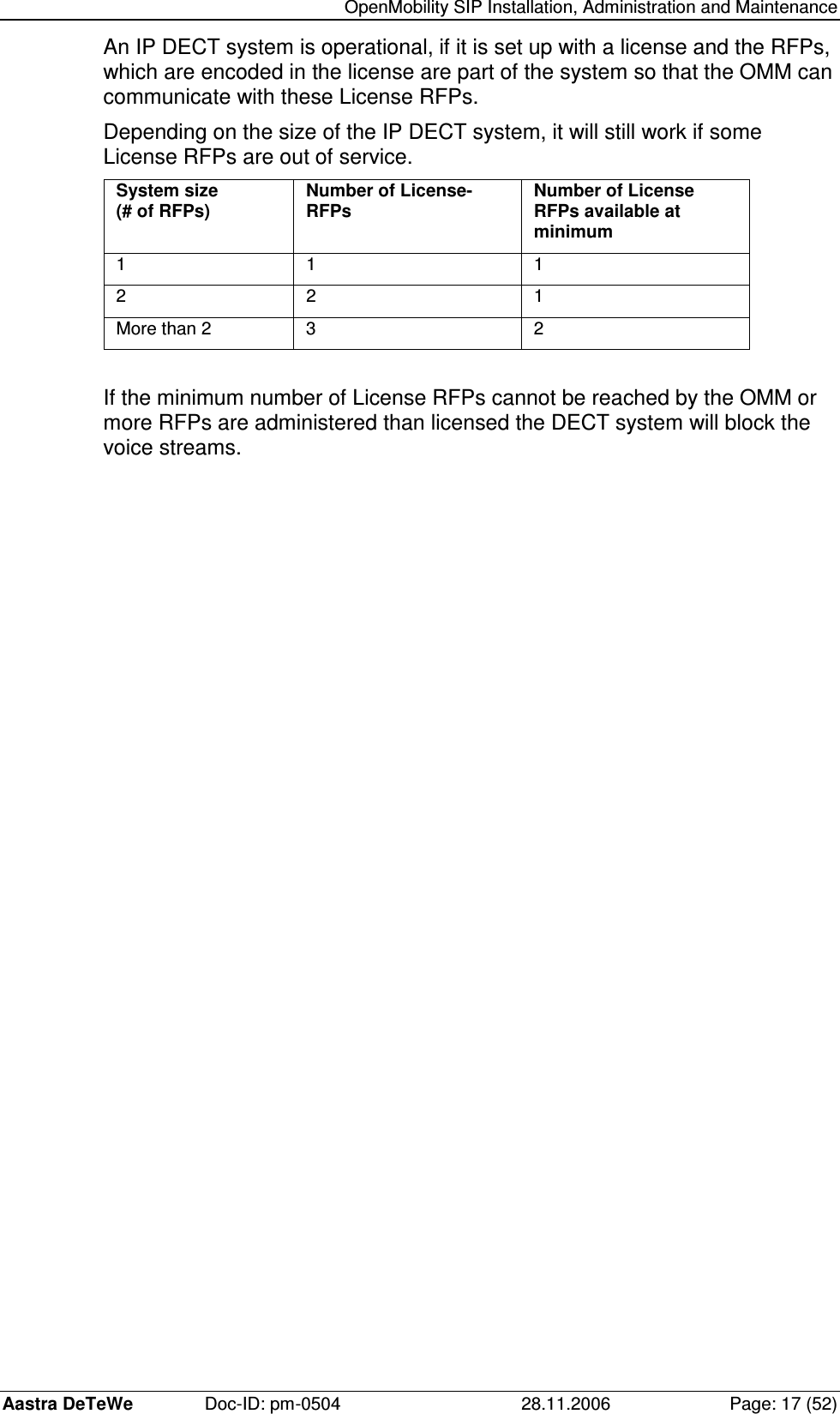   OpenMobility SIP Installation, Administration and Maintenance Aastra DeTeWe  Doc-ID: pm-0504  28.11.2006  Page: 17 (52) An IP DECT system is operational, if it is set up with a license and the RFPs, which are encoded in the license are part of the system so that the OMM can communicate with these License RFPs. Depending on the size of the IP DECT system, it will still work if some License RFPs are out of service. System size  (# of RFPs)  Number of License-RFPs  Number of License RFPs available at minimum 1  1  1 2  2  1 More than 2  3  2  If the minimum number of License RFPs cannot be reached by the OMM or more RFPs are administered than licensed the DECT system will block the voice streams. 