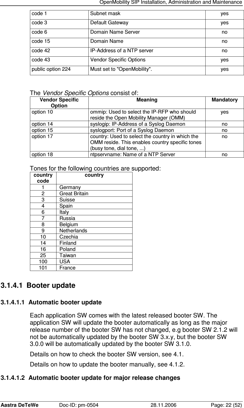   OpenMobility SIP Installation, Administration and Maintenance Aastra DeTeWe  Doc-ID: pm-0504  28.11.2006  Page: 22 (52) code 1  Subnet mask  yes code 3  Default Gateway  yes code 6  Domain Name Server  no code 15  Domain Name  no code 42  IP-Address of a NTP server  no code 43  Vendor Specific Options  yes public option 224  Must set to &quot;OpenMobility&quot;.  yes   The Vendor Specific Options consist of: Vendor Specific Option  Meaning  Mandatory option 10  ommip: Used to select the IP-RFP who should reside the Open Mobility Manager (OMM)  yes option 14  syslogip: IP-Address of a Syslog Daemon  no option 15  syslogport: Port of a Syslog Daemon  no option 17  country: Used to select the country in which the OMM reside. This enables country specific tones (busy tone, dial tone, ...) no option 18  ntpservname: Name of a NTP Server  no  Tones for the following countries are supported: country code  country 1   Germany 2   Great Britain 3   Suisse 4   Spain 6   Italy 7   Russia 8   Belgium 9   Netherlands 10   Czechia 14   Finland 16   Poland 25   Taiwan 100   USA 101   France  3.1.4.1  Booter update 3.1.4.1.1  Automatic booter update Each application SW comes with the latest released booter SW. The application SW will update the booter automatically as long as the major release number of the booter SW has not changed, e.g booter SW 2.1.2 will not be automatically updated by the booter SW 3.x.y, but the booter SW 3.0.0 will be automatically updated by the booter SW 3.1.0. Details on how to check the booter SW version, see 4.1. Details on how to update the booter manually, see 4.1.2. 3.1.4.1.2  Automatic booter update for major release changes 