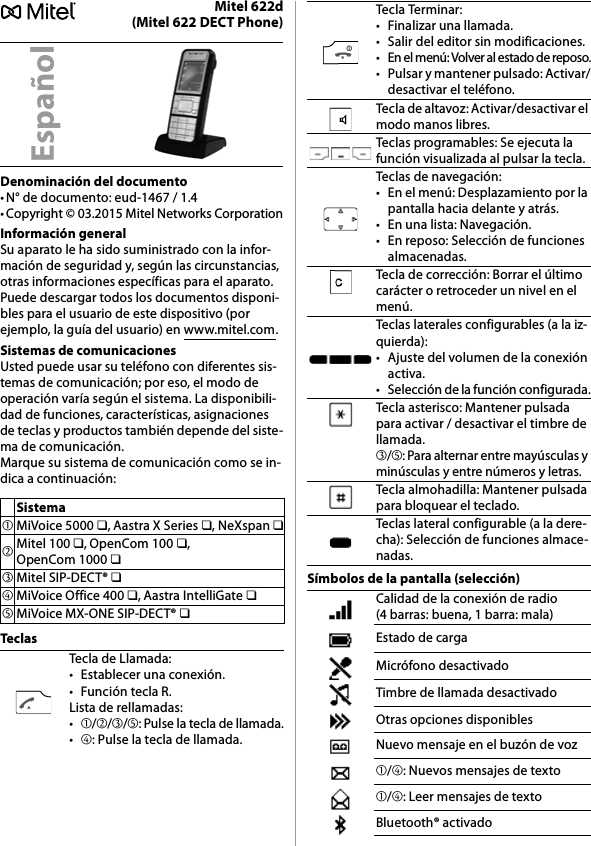 Mitel 622d(Mitel 622 DECT Phone)Denominación del documento• N° de documento: eud-1467 / 1.4• Copyright © 03.2015 Mitel Networks CorporationInformación generalSu aparato le ha sido suministrado con la infor-mación de seguridad y, según las circunstancias, otras informaciones específicas para el aparato. Puede descargar todos los documentos disponi-bles para el usuario de este dispositivo (por ejemplo, la guía del usuario) en www.mitel.com.Sistemas de comunicacionesUsted puede usar su teléfono con diferentes sis-temas de comunicación; por eso, el modo de operación varía según el sistema. La disponibili-dad de funciones, características, asignaciones de teclas y productos también depende del siste-ma de comunicación.Marque su sistema de comunicación como se in-dica a continuación:Tec lasSímbolos de la pantalla (selección)EspañolSistema➀MiVoice 5000 ❏, Aastra X Series ❏, NeXspan ❏➁Mitel 100 ❏, OpenCom 100 ❏, OpenCom 1000 ❏➂Mitel SIP-DECT® ❏➃MiVoice Office 400 ❏, Aastra IntelliGate ❏➄MiVoice MX-ONE SIP-DECT® ❏Tecla de Llamada:• Establecer una conexión.• Función tecla R.Lista de rellamadas:•➀/➁/➂/➄: Pulse la tecla de llamada.•➃: Pulse la tecla de llamada.Tecla Terminar:• Finalizar una llamada.• Salir del editor sin modificaciones.• En el menú: Volver al estado de reposo.• Pulsar y mantener pulsado: Activar/desactivar el teléfono.Tecla de altavoz: Activar/desactivar el modo manos libres.Teclas programables: Se ejecuta la función visualizada al pulsar la tecla.Teclas de navegación:• En el menú: Desplazamiento por la pantalla hacia delante y atrás.• En una lista: Navegación.• En reposo: Selección de funciones almacenadas.Tecla de corrección: Borrar el último carácter o retroceder un nivel en el menú.Teclas laterales configurables (a la iz-quierda):• Ajuste del volumen de la conexión activa.• Selección de la función configurada.Tecla asterisco: Mantener pulsada para activar / desactivar el timbre de llamada.➂/➄: Para alternar entre mayúsculas y minúsculas y entre números y letras.Tecla almohadilla: Mantener pulsada para bloquear el teclado.Teclas lateral configurable (a la dere-cha): Selección de funciones almace-nadas.Calidad de la conexión de radio (4 barras: buena, 1 barra: mala)Estado de cargaMicrófono desactivadoTimbre de llamada desactivadoOtras opciones disponiblesNuevo mensaje en el buzón de voz➀/➃: Nuevos mensajes de texto➀/➃: Leer mensajes de textoBluetooth® activado