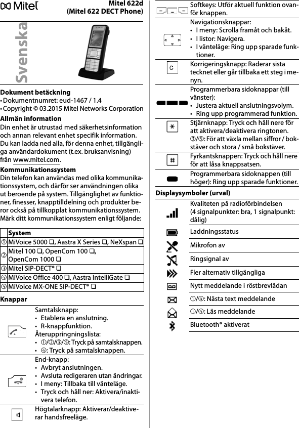 Mitel 622d(Mitel 622 DECT Phone)Dokument betäckning• Dokumentnumret: eud-1467 / 1.4• Copyright © 03.2015 Mitel Networks CorporationAllmän informationDin enhet är utrustad med säkerhetsinformation och annan relevant enhet specifik information. Du kan ladda ned alla, för denna enhet, tillgängli-ga användardokument (t.ex. bruksanvisning) från www.mitel.com.KommunikationssystemDin telefon kan användas med olika kommunika-tionssystem, och därför ser användningen olika ut beroende på system. Tillgänglighet av funktio-ner, finesser, knapptilldelning och produkter be-ror också på tillkopplat kommunikationssystem.Märk ditt kommunikationssystem enligt följande:KnapparDisplaysymboler (urval)SvenskaSystem➀MiVoice 5000 ❏, Aastra X Series ❏, NeXspan ❏➁Mitel 100 ❏, OpenCom 100 ❏, OpenCom 1000 ❏➂Mitel SIP-DECT® ❏➃MiVoice Office 400 ❏, Aastra IntelliGate ❏➄MiVoice MX-ONE SIP-DECT® ❏Samtalsknapp:• Etablera en anslutning.• R-knappfunktion.Återuppringningslista:•➀/➁/➂/➄: Tryck på samtalsknappen.•➃: Tryck på samtalsknappen.End-knapp:• Avbryt anslutningen.• Avsluta redigeraren utan ändringar.• I meny: Tillbaka till vänteläge.• Tryck och håll ner: Aktivera/inakti-vera telefon.Högtalarknapp: Aktiverar/deaktive-rar handsfreeläge.Softkeys: Utför aktuell funktion ovan-för knappen.Navigationsknappar:• I meny: Scrolla framåt och bakåt.•I listor: Navigera.• I vänteläge: Ring upp sparade funk-tioner.Korrigeringsknapp: Raderar sista tecknet eller går tillbaka ett steg i me-nyn.Programmerbara sidoknappar (till vänster):• Justera aktuell anslutningsvolym.• Ring upp programmerad funktion.Stjärnknapp: Tryck och håll nere för att aktivera/deaktivera ringtonen.➂/➄: För att växla mellan siffror / bok-stäver och stora / små bokstäver.Fyrkantsknappen: Tryck och håll nere för att låsa knappsatsen.Programmerbara sidoknappen (till höger): Ring upp sparade funktioner.Kvaliteten på radioförbindelsen (4 signalpunkter: bra, 1 signalpunkt: dålig)LaddningsstatusMikrofon avRingsignal avFler alternativ tillgängligaNytt meddelande i röstbrevlådan➀/➃: Nästa text meddelande➀/➃: Läs meddelandeBluetooth® aktiverat