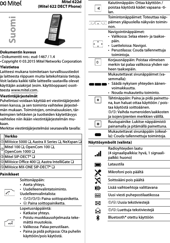 Mitel 622d(Mitel 622 DECT Phone)Dokumentin kuvaus• Dokumentti nro.: eud-1467 / 1.4• Copyright © 03.2015 Mitel Networks CorporationYleistietoaLaitteesi mukana toimitetaan turvallisuustiedot ja laitteesta riippuen muita laitekohtaisia tietoja. Voit ladata kaikki tälle laitteelle saatavilla olevat käyttäjän asiakirjat (esim. käyttöoppaan) osoit-teesta www.mitel.com.ViestintäjärjestelmätPuhelintasi voidaan käyttää eri viestintäjärjestel-mien kanssa, ja sen toiminta vaihtelee järjestel-män mukaan. Toimintojen, ominaisuuksien, tär-keimpien tehtävien ja tuotteiden käytettävyys vaihtelee niin ikään viestintäjärjestelmän mu-kaan.Merkitse viestintäjärjestelmäsi seuraavalla tavalla:PainikkeetNäyttösymbolit (valinta)SuomiVerkko➀MiVoice 5000 ❏, Aastra X Series ❏, NeXspan ❏➁Mitel 100 ❏, OpenCom 100 ❏, OpenCom 1000 ❏➂Mitel SIP-DECT® ❏➃MiVoice Office 400 ❏, Aastra IntelliGate ❏➄MiVoice MX-ONE SIP-DECT® ❏Soittonäppäin:• Aseta yhteys.• Uudelleenvalintatoiminto.Uudelleenvalintalista:•➀/➁/➂/➄: Paina soittopainiketta.•➃: Paina soittopainiketta.Lopetusnäppäintä:• Katkaise yhteys.• Poistu muokkausohjelmasta teke-mättä muutoksia.• Valikossa: Palaa perustilaan.• Paina ja pidä pohjassa: Ota puhelin käyttöön/pois käytöstä.Kaiutinnäppäin: Ottaa käyttöön / poistaa käytöstä kädet vapaana -ti-lan.Toimintonäppäimet: Toteuttaa näp-päimen yläpuolella näkyvän toimin-non.Navigointinäppäimet:• Valikossa: Selaa eteen- ja taakse-päin.• Luetteloissa: Navigoi.• Perustilassa: Couda tallennettuja toimintoja.Korjausnäppäin: Poistaa viimeisen merkin tai palaa valikossa yhden vai-heen taaksepäin.Mukautettavat sivunäppäimet (va-semmalla):• Säädä nykyisen yhteyden äänen-voimakkuutta.• Nouda mukautettu toiminto.Tähtinäppäin: Paina ja pidä painettu-na, kun haluat ottaa käyttöön / pois-taa käytöstä soittoäänen.➂/➄: Vaihda numeroiden/aakkosten ja isojen/pienten merkkien välillä.Ruutupainike: Lukitse näppäimistö painamalla ja pitämällä painettuna.Mukautettavat sivunäppäin (oikeal-la): Couda tallennettuja toimintoja.Radioyhteyden laatu (4 signaalipalkkia: hyvä, 1 signaali-palkki: huono)LataustilaMikrofoni pois päältäSoittoääni pois päältäLisää vaihtoehtoja valittavanaUusi viesti puhepostilaatikossa➀/➃: Uusia tekstiviestejä➀/➃: Luettuja tekstiviestejäBluetooth® otettu käyttöön