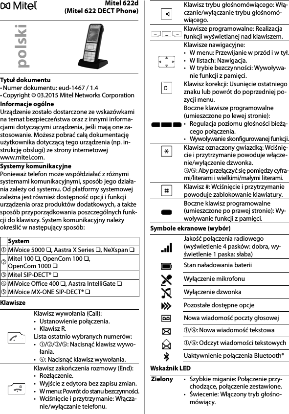 Mitel 622d(Mitel 622 DECT Phone)Tytuł dokumentu• Numer dokumentu: eud-1467 / 1.4• Copyright © 03.2015 Mitel Networks CorporationInformacje ogólneUrządzenie zostało dostarczone ze wskazówkami na temat bezpieczeństwa oraz z innymi informa-cjami dotyczącymi urządzenia, jeśli mają one za-stosowanie. Możesz pobrać całą dokumentację użytkownika dotyczącą tego urządzenia (np. in-strukcję obslugi) ze strony internetowej www.mitel.com.Systemy komunikacyjnePonieważ telefon może współdziałać z różnymi systemami komunikacyjnymi, sposób jego działa-nia zależy od systemu. Od platformy systemowej zależna jest również dostępność opcji i funkcji urządzenia oraz produktów dodatkowych, a także sposób przyporządkowania poszczególnych funk-cji do klawiszy. System komunikacyjny należy określić w następujący sposób:KlawiszeSymbole ekranowe (wybór)Wskaźnik LEDpolskiSystem➀MiVoice 5000 ❏, Aastra X Series ❏, NeXspan ❏➁Mitel 100 ❏, OpenCom 100 ❏, OpenCom 1000 ❏➂Mitel SIP-DECT® ❏➃MiVoice Office 400 ❏, Aastra IntelliGate ❏➄MiVoice MX-ONE SIP-DECT® ❏Klawisz wywołania (Call):• Ustanowienie połączenia.•Klawisz R.Lista ostatnio wybranych numerów:•➀/➁/➂/➄: Nacisnąć klawisz wywo-łania.•➃: Nacisnąć klawisz wywołania.Klawisz zakończenia rozmowy (End):•Rozłączenie.• Wyjście z edytora bez zapisu zmian.• W menu: Powrót do stanu bezczynności.• Wciśnięcie i przytrzymanie: Włącza-nie/wyłączanie telefonu.Klawisz trybu głośnomówiącego: Włą-czanie/wyłączanie trybu głośnomó-wiącego.Klawisze programowalne: Realizacja funkcji wyświetlanej nad klawiszem.Klawisze nawigacyjne:• W menu: Przewijanie w przód i w tył.• W listach: Nawigacja.• W trybie bezczynności: Wywoływa-nie funkcji z pamięci.Klawisz korekcji: Usunięcie ostatniego znaku lub powrót do poprzedniej po-zycji menu.Boczne klawisze programowalne (umieszczone po lewej stronie):• Regulacja poziomu głośności bieżą-cego połączenia.• Wywoływanie skonfigurowanej funkcji.Klawisz oznaczony gwiazdką: Wciśnię-cie i przytrzymanie powoduje włącze-nie/wyłączenie dzwonka.➂/➄: Aby przełączyć się pomiędzy cyfra-mi/literami i wielkimi/małymi literami.Klawisz #: Wciśnięcie i przytrzymanie powoduje zablokowanie klawiatury.Boczne klawisz programowalne (umieszczone po prawej stronie): Wy-woływanie funkcji z pamięci.Jakość połączenia radiowego (wyświetlenie 4 pasków: dobra, wy-świetlenie 1 paska: słaba)Stan naładowania bateriiWyłączenie mikrofonuWyłączenie dzwonkaPozostałe dostępne opcjeNowa wiadomość poczty głosowej➀/➃: Nowa wiadomość tekstowa➀/➃: Odczyt wiadomości tekstowychUaktywnienie połączenia Bluetooth®Zielony • Szybkie miganie: Połączenie przy-chodzące, połączenie zestawione.• Świecenie: Włączony tryb głośno-mówiący.