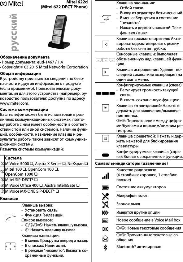 Mitel 622d(Mitel 622 DECT Phone)Обозначение документа• Номер документа: eud-1467 / 1.4• Copyright © 03.2015 Mitel Networks CorporationОбщая информацияК устройству прилагаются сведения по безо-пасности и другая информация о продукте (если применимо). Пользовательская доку-ментация для этого устройства (например, ру-ководство пользователя) доступна по адресу www.mitel.com.Система коммуникацииВаш телефон может быть использован в раз-личных коммуникационных системах, поэто-му работа с ним имеет особенности в соответ-ствии с той или иной системой. Наличие функ-ций, особенности, назначение клавиш и ре-зультаты работы также зависят от коммуника-ционной системы.Разметка системы коммуникаций:КлавишиСимволы-индикаторы (извлечение)русскийСистема➀MiVoice 5000 ❏, Aastra X Series ❏, NeXspan ❏➁Mitel 100 ❏, OpenCom 100 ❏, OpenCom 1000 ❏➂Mitel SIP-DECT® ❏➃MiVoice Office 400 ❏, Aastra IntelliGate ❏➄MiVoice MX-ONE SIP-DECT® ❏Клавиша вызова:• Установить связь.• Функция R-клавиши.Список вызовов:•➀/➁/➂/➄: Нажать клавишу вызова.•➃: Нажать клавишу вызова.Клавиша навигации:• В меню: Прокрутка вперед и назад.• В списках: Навигация.• В режиме &quot;незанято&quot;: Вызвать со-храненные функции.Клавиша окончания:• Отбой связи.• Выход из редактора без изменений.• В меню: Вернуться в состояние &quot;незанято&quot;.• Нажать и держать нажатой: Теле- фон вкл / выкл.Клавиша громкоговорителя: Акти-вировать/деактивировать режим работы без снятия трубки.Сенсорные клавиши: Выполняет обозначенную над клавишей функ-цию.Клавиша исправления: Удаляет по-следний символ или возвращает на один шаг в меню.Конфигурируемые клавиши (слева):• Регулирует громкость текущей связи.• Вызвать сохраненную функцию.Клавиша со звездочкой: Нажать и держать для включения/выключе-ния звонка.➂/➄: Переключение между цифра-ми/буквами и верхним/нижним ре-гистром.Клавиша с решеткой: Нажать и дер-жать нажатой для блокирования клавиатуры.Конфигурируемые клавиша (спра-ва): Вызвать сохраненные функции.Качество радиосвязи (4 столбика: хорошее, 1 столбик: плохое)Состояние аккумуляторовМикрофон выклЗвонок выклИмеются другие опцииНовое сообщение в Voice Mail box➀/➃: Новые текстовые сообщения➀/➃: Прочитанные текстовые со-общенияBluetooth® активирован