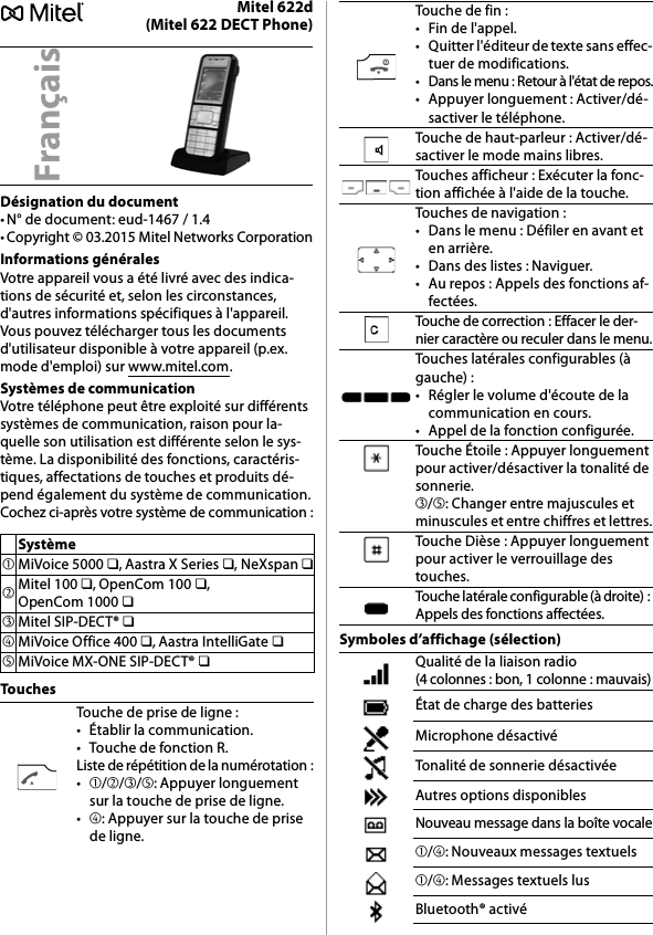 Mitel 622d(Mitel 622 DECT Phone)Désignation du document• N° de document: eud-1467 / 1.4• Copyright © 03.2015 Mitel Networks CorporationInformations généralesVotre appareil vous a été livré avec des indica-tions de sécurité et, selon les circonstances, d&apos;autres informations spécifiques à l&apos;appareil. Vous pouvez télécharger tous les documents d&apos;utilisateur disponible à votre appareil (p.ex. mode d&apos;emploi) sur www.mitel.com.Systèmes de communicationVotre téléphone peut être exploité sur différents systèmes de communication, raison pour la-quelle son utilisation est différente selon le sys-tème. La disponibilité des fonctions, caractéris-tiques, affectations de touches et produits dé-pend également du système de communication.Cochez ci-après votre système de communication :TouchesSymboles d’affichage (sélection)FrançaisSystème➀MiVoice 5000 ❏, Aastra X Series ❏, NeXspan ❏➁Mitel 100 ❏, OpenCom 100 ❏, OpenCom 1000 ❏➂Mitel SIP-DECT® ❏➃MiVoice Office 400 ❏, Aastra IntelliGate ❏➄MiVoice MX-ONE SIP-DECT® ❏Touche de prise de ligne :• Établir la communication.• Touche de fonction R.Liste de répétition de la numérotation :•➀/➁/➂/➄: Appuyer longuement sur la touche de prise de ligne.•➃: Appuyer sur la touche de prise de ligne.Touche de fin :• Fin de l&apos;appel.• Quitter l&apos;éditeur de texte sans effec-tuer de modifications.• Dans le menu : Retour à l&apos;état de repos.• Appuyer longuement : Activer/dé-sactiver le téléphone.Touche de haut-parleur : Activer/dé-sactiver le mode mains libres.Touches afficheur : Exécuter la fonc-tion affichée à l&apos;aide de la touche.Touches de navigation :• Dans le menu : Défiler en avant et en arrière.• Dans des listes : Naviguer.• Au repos : Appels des fonctions af-fectées.Touche de correction : Effacer le der-nier caractère ou reculer dans le menu.Touches latérales configurables (à gauche) :• Régler le volume d&apos;écoute de la communication en cours.• Appel de la fonction configurée.Touche Étoile : Appuyer longuement pour activer/désactiver la tonalité de sonnerie.➂/➄: Changer entre majuscules et minuscules et entre chiffres et lettres.Touche Dièse : Appuyer longuement pour activer le verrouillage des touches.Touche latérale configurable (à droite) : Appels des fonctions affectées.Qualité de la liaison radio (4 colonnes : bon, 1 colonne : mauvais)État de charge des batteriesMicrophone désactivéTonalité de sonnerie désactivéeAutres options disponiblesNouveau message dans la boîte vocale➀/➃: Nouveaux messages textuels➀/➃: Messages textuels lusBluetooth® activé