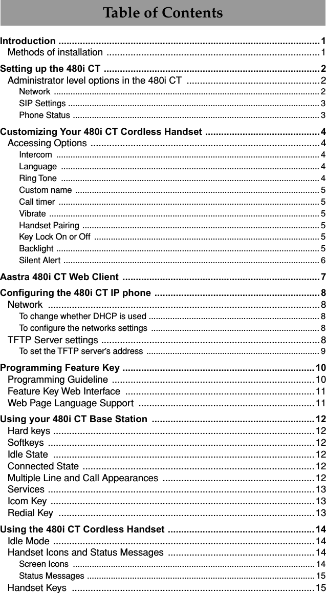  Table of Contents Table of Contents Introduction ..................................................................................................1 Methods of installation ................................................................................1 Setting up the 480i CT .................................................................................2 Administrator level options in the 480i CT  ..................................................2 Network ................................................................................................................ 2SIP Settings .......................................................................................................... 3Phone Status ........................................................................................................ 3 Customizing Your 480i CT Cordless Handset ...........................................4 Accessing Options ......................................................................................4 Intercom ............................................................................................................... 4Language ............................................................................................................. 4Ring Tone  ............................................................................................................. 4Custom name ....................................................................................................... 5Call timer  .............................................................................................................. 5Vibrate .................................................................................................................. 5Handset Pairing .................................................................................................... 5Key Lock On or Off  ............................................................................................... 5Backlight ............................................................................................................... 5Silent Alert ............................................................................................................ 6 Aastra 480i CT Web Client ..........................................................................7Configuring the 480i CT IP phone ..............................................................8 Network ......................................................................................................8 To change whether DHCP is used ........................................................................ 8To conﬁgure the networks settings  .......................................................................8 TFTP Server settings ..................................................................................8 To set the TFTP server’s address ......................................................................... 9 Programming Feature Key ........................................................................10 Programming Guideline ............................................................................10Feature Key Web Interface  .......................................................................11Web Page Language Support  ..................................................................11 Using your 480i CT Base Station  .............................................................12 Hard keys ..................................................................................................12Softkeys ....................................................................................................12Idle State  ..................................................................................................12Connected State .......................................................................................12Multiple Line and Call Appearances .........................................................12Services ....................................................................................................13Icom Key ...................................................................................................13Redial Key  ................................................................................................13 Using the 480i CT Cordless Handset ....................................................... 14 Idle Mode ..................................................................................................14Handset Icons and Status Messages .......................................................14 Screen Icons  ...................................................................................................... 14Status Messages ................................................................................................ 15 Handset Keys  ...........................................................................................15