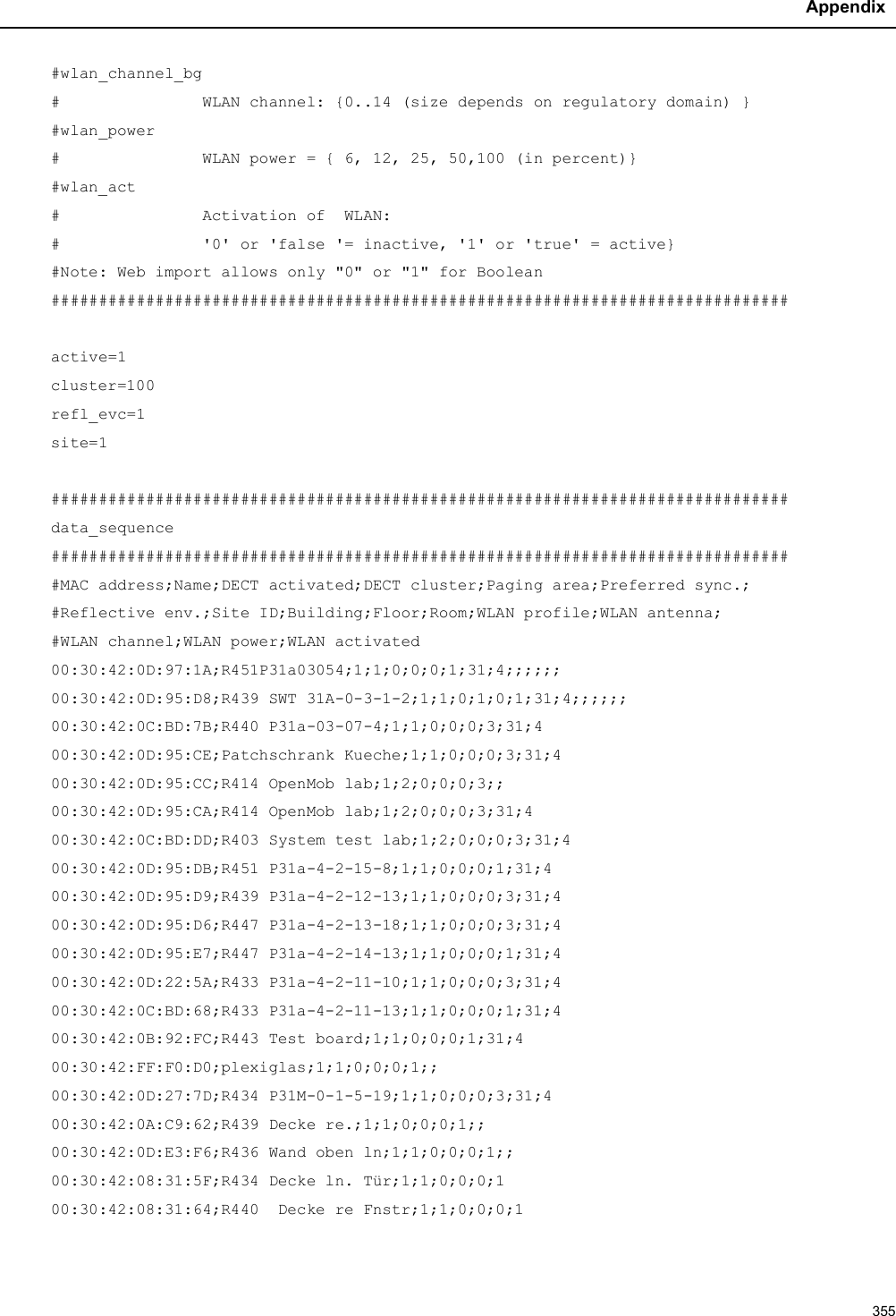 Appendix355#wlan_channel_bg#               WLAN channel: {0..14 (size depends on regulatory domain) }#wlan_power#               WLAN power = { 6, 12, 25, 50,100 (in percent)}#wlan_act#               Activation of  WLAN: #               &apos;0&apos; or &apos;false &apos;= inactive, &apos;1&apos; or &apos;true&apos; = active}#Note: Web import allows only &quot;0&quot; or &quot;1&quot; for Boolean##############################################################################active=1cluster=100refl_evc=1site=1##############################################################################data_sequence###############################################################################MAC address;Name;DECT activated;DECT cluster;Paging area;Preferred sync.;#Reflective env.;Site ID;Building;Floor;Room;WLAN profile;WLAN antenna;#WLAN channel;WLAN power;WLAN activated00:30:42:0D:97:1A;R451P31a03054;1;1;0;0;0;1;31;4;;;;;;00:30:42:0D:95:D8;R439 SWT 31A-0-3-1-2;1;1;0;1;0;1;31;4;;;;;;00:30:42:0C:BD:7B;R440 P31a-03-07-4;1;1;0;0;0;3;31;400:30:42:0D:95:CE;Patchschrank Kueche;1;1;0;0;0;3;31;400:30:42:0D:95:CC;R414 OpenMob lab;1;2;0;0;0;3;;00:30:42:0D:95:CA;R414 OpenMob lab;1;2;0;0;0;3;31;400:30:42:0C:BD:DD;R403 System test lab;1;2;0;0;0;3;31;400:30:42:0D:95:DB;R451 P31a-4-2-15-8;1;1;0;0;0;1;31;400:30:42:0D:95:D9;R439 P31a-4-2-12-13;1;1;0;0;0;3;31;400:30:42:0D:95:D6;R447 P31a-4-2-13-18;1;1;0;0;0;3;31;400:30:42:0D:95:E7;R447 P31a-4-2-14-13;1;1;0;0;0;1;31;400:30:42:0D:22:5A;R433 P31a-4-2-11-10;1;1;0;0;0;3;31;400:30:42:0C:BD:68;R433 P31a-4-2-11-13;1;1;0;0;0;1;31;400:30:42:0B:92:FC;R443 Test board;1;1;0;0;0;1;31;400:30:42:FF:F0:D0;plexiglas;1;1;0;0;0;1;;00:30:42:0D:27:7D;R434 P31M-0-1-5-19;1;1;0;0;0;3;31;400:30:42:0A:C9:62;R439 Decke re.;1;1;0;0;0;1;;00:30:42:0D:E3:F6;R436 Wand oben ln;1;1;0;0;0;1;;00:30:42:08:31:5F;R434 Decke ln. Tür;1;1;0;0;0;100:30:42:08:31:64;R440  Decke re Fnstr;1;1;0;0;0;1