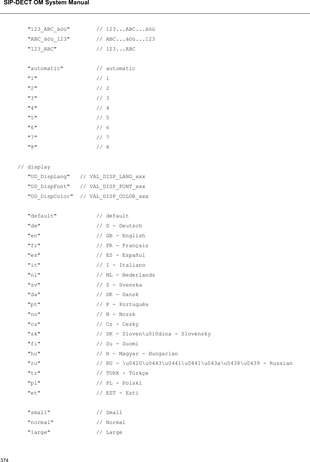 SIP-DECT OM System Manual374&quot;123_ABC_äöü&quot;        // 123...ABC...äöü&quot;ABC_äöü_123&quot;        // ABC...äöü...123&quot;123_ABC&quot;            // 123...ABC&quot;automatic&quot;          // automatic&quot;1&quot;                  // 1&quot;2&quot;                  // 2&quot;3&quot;                  // 3&quot;4&quot;                  // 4&quot;5&quot;                  // 5&quot;6&quot;                  // 6&quot;7&quot; // 7&quot;8&quot;                  // 8// display&quot;UD_DispLang&quot;   // VAL_DISP_LANG_xxx&quot;UD_DispFont&quot;   // VAL_DISP_FONT_xxx&quot;UD_DispColor&quot;  // VAL_DISP_COLOR_xxx&quot;default&quot;            // default&quot;de&quot;                 // D - Deutsch&quot;en&quot;                 // GB - English&quot;fr&quot;                 // FR - Français&quot;es&quot;                 // ES - Español&quot;it&quot;                 // I - Italiano&quot;nl&quot;                 // NL - Nederlands&quot;sv&quot;                 // S - Svenska&quot;da&quot; // DK - Dansk&quot;pt&quot;                 // P - Português&quot;no&quot;                 // N - Norsk&quot;cs&quot;                 // Cz - Cesky&quot;sk&quot;                 // SK - Sloven\u010dina - Slovensky&quot;fi&quot;                 // Su - Suomi&quot;hu&quot; // H - Magyar - Hungarian&quot;ru&quot;                 // RU - \u0420\u0443\u0441\u0441\u043a\u0438\u0439 - Russian&quot;tr&quot;                 // TURK - Türkçe&quot;pl&quot;                 // PL - Polski&quot;et&quot;                 // EST - Esti&quot;small&quot; // Small&quot;normal&quot;             // Normal&quot;large&quot;              // Large