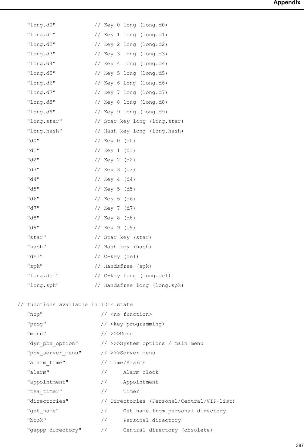 Appendix387&quot;long.d0&quot;            // Key 0 long (long.d0)&quot;long.d1&quot; // Key 1 long (long.d1)&quot;long.d2&quot;            // Key 2 long (long.d2)&quot;long.d3&quot;            // Key 3 long (long.d3)&quot;long.d4&quot;            // Key 4 long (long.d4)&quot;long.d5&quot;            // Key 5 long (long.d5)&quot;long.d6&quot;            // Key 6 long (long.d6)&quot;long.d7&quot;            // Key 7 long (long.d7)&quot;long.d8&quot;            // Key 8 long (long.d8)&quot;long.d9&quot;            // Key 9 long (long.d9)&quot;long.star&quot;          // Star key long (long.star)&quot;long.hash&quot;          // Hash key long (long.hash)&quot;d0&quot;                 // Key 0 (d0)&quot;d1&quot;                 // Key 1 (d1)&quot;d2&quot;                 // Key 2 (d2)&quot;d3&quot;                 // Key 3 (d3)&quot;d4&quot;                 // Key 4 (d4)&quot;d5&quot;                 // Key 5 (d5)&quot;d6&quot; // Key 6 (d6)&quot;d7&quot;                 // Key 7 (d7)&quot;d8&quot;                 // Key 8 (d8)&quot;d9&quot;                 // Key 9 (d9)&quot;star&quot;               // Star key (star)&quot;hash&quot;               // Hash key (hash)&quot;del&quot;                // C-key (del)&quot;spk&quot;                // Handsfree (spk)&quot;long.del&quot;           // C-key long (long.del)&quot;long.spk&quot;           // Handsfree long (long.spk)// functions available in IDLE state&quot;nop&quot;                  // &lt;no function&gt;&quot;prog&quot; // &lt;key programming&gt;&quot;menu&quot;                 // &gt;&gt;&gt;Menu&quot;dyn_pbx_option&quot;       // &gt;&gt;&gt;System options / main menu&quot;pbx_server_menu&quot;      // &gt;&gt;&gt;Server menu&quot;alarm_time&quot;           // Time/Alarms&quot;alarm&quot;                //     Alarm clock&quot;appointment&quot;          //     Appointment&quot;tea_timer&quot;            //     Timer&quot;directories&quot;          // Directories (Personal/Central/VIP-list)&quot;get_name&quot;             //     Get name from personal directory&quot;book&quot;                 //     Personal directory&quot;gappp_directory&quot;      //     Central directory (obsolete)