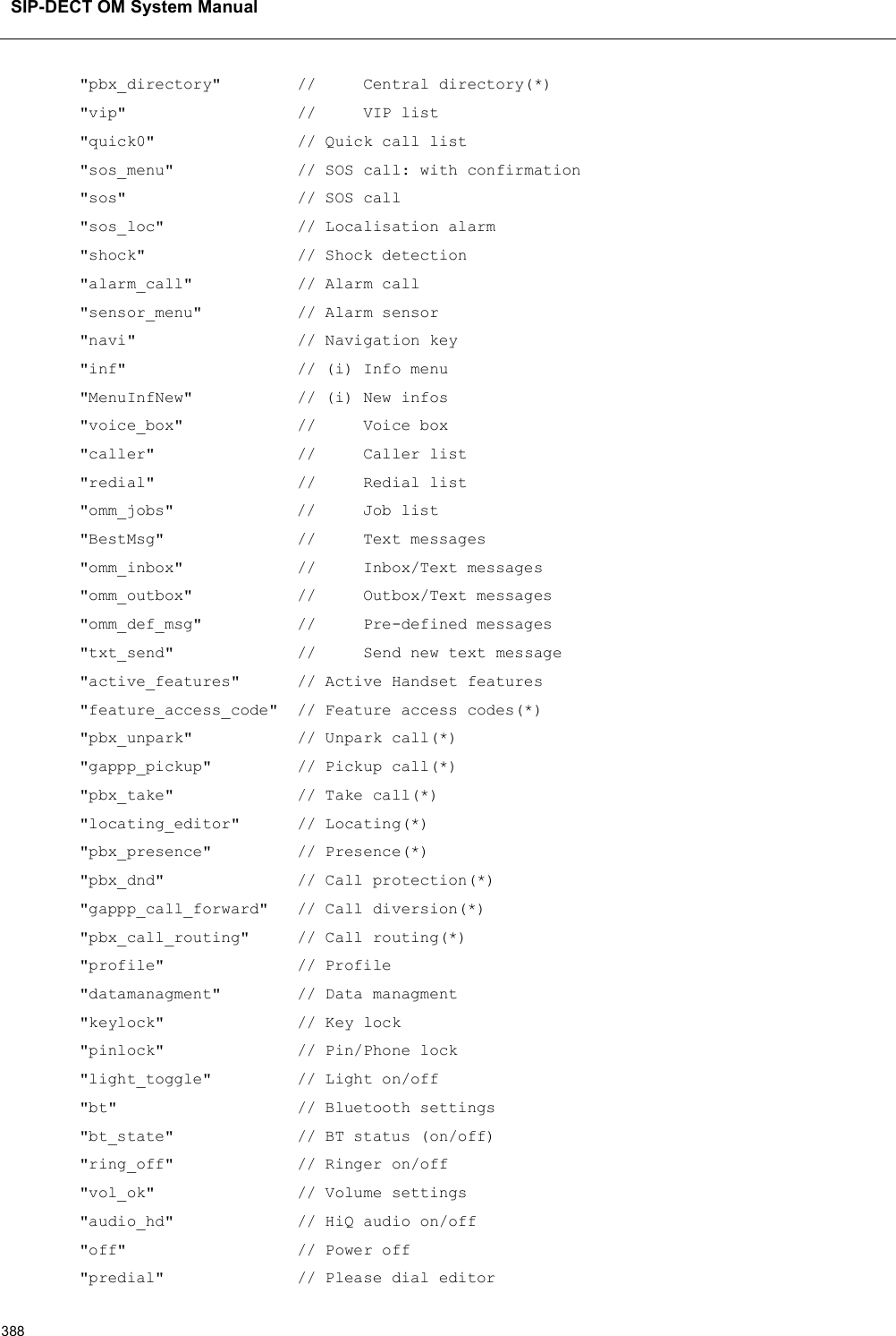 SIP-DECT OM System Manual388&quot;pbx_directory&quot;        //     Central directory(*)&quot;vip&quot;                  //     VIP list&quot;quick0&quot;               // Quick call list&quot;sos_menu&quot;             // SOS call: with confirmation&quot;sos&quot;                  // SOS call&quot;sos_loc&quot;              // Localisation alarm&quot;shock&quot;                // Shock detection&quot;alarm_call&quot;           // Alarm call&quot;sensor_menu&quot;          // Alarm sensor&quot;navi&quot;                 // Navigation key&quot;inf&quot;                  // (i) Info menu&quot;MenuInfNew&quot;           // (i) New infos&quot;voice_box&quot;            //     Voice box&quot;caller&quot;               //     Caller list&quot;redial&quot;               //     Redial list&quot;omm_jobs&quot; //     Job list&quot;BestMsg&quot;              //     Text messages&quot;omm_inbox&quot;            //     Inbox/Text messages&quot;omm_outbox&quot;           //     Outbox/Text messages&quot;omm_def_msg&quot;          //     Pre-defined messages&quot;txt_send&quot;             // Send new text message&quot;active_features&quot;      // Active Handset features&quot;feature_access_code&quot;  // Feature access codes(*)&quot;pbx_unpark&quot;           // Unpark call(*)&quot;gappp_pickup&quot;         // Pickup call(*)&quot;pbx_take&quot;             // Take call(*)&quot;locating_editor&quot;      // Locating(*)&quot;pbx_presence&quot;         // Presence(*)&quot;pbx_dnd&quot;              // Call protection(*)&quot;gappp_call_forward&quot;   // Call diversion(*)&quot;pbx_call_routing&quot;     // Call routing(*)&quot;profile&quot;              // Profile&quot;datamanagment&quot;        // Data managment&quot;keylock&quot;              // Key lock&quot;pinlock&quot;              // Pin/Phone lock&quot;light_toggle&quot;         // Light on/off&quot;bt&quot;                   // Bluetooth settings&quot;bt_state&quot;             // BT status (on/off)&quot;ring_off&quot;             // Ringer on/off&quot;vol_ok&quot;               // Volume settings&quot;audio_hd&quot;             // HiQ audio on/off&quot;off&quot;                  // Power off&quot;predial&quot;              // Please dial editor