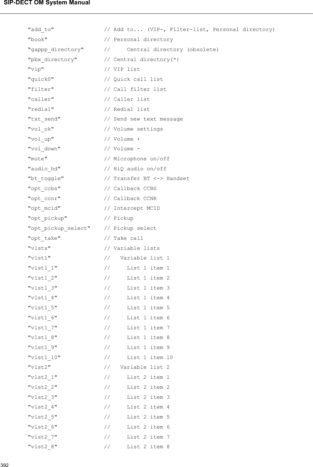 SIP-DECT OM System Manual392&quot;add_to&quot;               // Add to... (VIP-, Filter-list, Personal directory)&quot;book&quot;                 // Personal directory&quot;gappp_directory&quot;      //     Central directory (obsolete)&quot;pbx_directory&quot;        // Central directory(*)&quot;vip&quot;                  // VIP list&quot;quick0&quot;               // Quick call list&quot;filter&quot;               // Call filter list&quot;caller&quot;               // Caller list&quot;redial&quot;               // Redial list&quot;txt_send&quot;             // Send new text message&quot;vol_ok&quot;               // Volume settings&quot;vol_up&quot;               // Volume +&quot;vol_down&quot;             // Volume -&quot;mute&quot;                 // Microphone on/off&quot;audio_hd&quot;             // HiQ audio on/off&quot;bt_toggle&quot;            // Transfer BT &lt;-&gt; Handset&quot;opt_ccbs&quot;             // Callback CCBS&quot;opt_ccnr&quot; // Callback CCNR&quot;opt_mcid&quot;             // Intercept MCID&quot;opt_pickup&quot;           // Pickup&quot;opt_pickup_select&quot;    // Pickup select&quot;opt_take&quot;             // Take call &quot;vlstx&quot;                // Variable lists&quot;vlst1&quot;                // Variable list 1&quot;vlst1_1&quot;              //     List 1 item 1&quot;vlst1_2&quot;              //     List 1 item 2&quot;vlst1_3&quot;              //     List 1 item 3&quot;vlst1_4&quot;              //     List 1 item 4&quot;vlst1_5&quot;              //     List 1 item 5&quot;vlst1_6&quot;              //     List 1 item 6&quot;vlst1_7&quot;              //     List 1 item 7&quot;vlst1_8&quot;              //     List 1 item 8&quot;vlst1_9&quot;              //     List 1 item 9&quot;vlst1_10&quot;             //     List 1 item 10&quot;vlst2&quot; //   Variable list 2&quot;vlst2_1&quot;              //     List 2 item 1&quot;vlst2_2&quot;              //     List 2 item 2&quot;vlst2_3&quot;              //     List 2 item 3&quot;vlst2_4&quot;              //     List 2 item 4&quot;vlst2_5&quot;              //     List 2 item 5&quot;vlst2_6&quot;              //     List 2 item 6&quot;vlst2_7&quot;              //     List 2 item 7&quot;vlst2_8&quot;              //     List 2 item 8