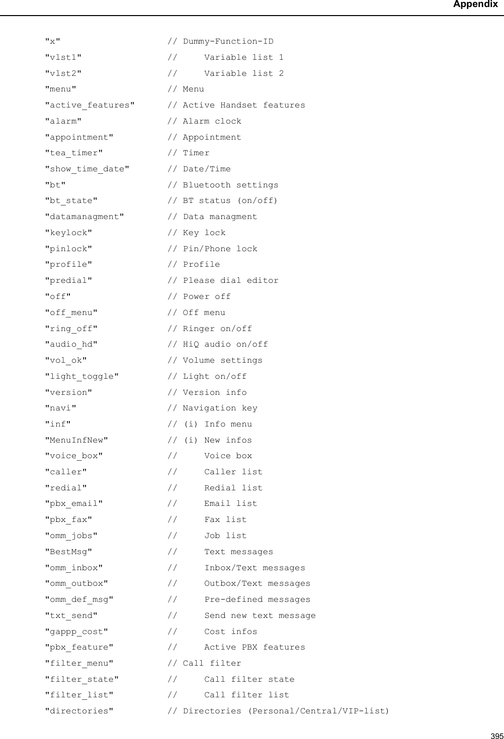 Appendix395&quot;x&quot;                    // Dummy-Function-ID&quot;vlst1&quot;                //     Variable list 1&quot;vlst2&quot;                //     Variable list 2&quot;menu&quot;                 // Menu&quot;active_features&quot;      // Active Handset features&quot;alarm&quot; // Alarm clock&quot;appointment&quot;          // Appointment&quot;tea_timer&quot;            // Timer&quot;show_time_date&quot;       // Date/Time&quot;bt&quot;                   // Bluetooth settings&quot;bt_state&quot;             // BT status (on/off)&quot;datamanagment&quot;        // Data managment&quot;keylock&quot;              // Key lock&quot;pinlock&quot;              // Pin/Phone lock&quot;profile&quot;              // Profile&quot;predial&quot;              // Please dial editor&quot;off&quot;                  // Power off&quot;off_menu&quot; // Off menu&quot;ring_off&quot;             // Ringer on/off&quot;audio_hd&quot;             // HiQ audio on/off&quot;vol_ok&quot;               // Volume settings&quot;light_toggle&quot;         // Light on/off&quot;version&quot;              // Version info&quot;navi&quot; // Navigation key&quot;inf&quot;                  // (i) Info menu&quot;MenuInfNew&quot;           // (i) New infos&quot;voice_box&quot;            //     Voice box&quot;caller&quot;               //     Caller list&quot;redial&quot;               //     Redial list&quot;pbx_email&quot; //     Email list&quot;pbx_fax&quot;              //     Fax list&quot;omm_jobs&quot;             //     Job list&quot;BestMsg&quot;              //     Text messages&quot;omm_inbox&quot;            //     Inbox/Text messages&quot;omm_outbox&quot;           //     Outbox/Text messages&quot;omm_def_msg&quot;          //     Pre-defined messages&quot;txt_send&quot;             //     Send new text message&quot;gappp_cost&quot;           //     Cost infos&quot;pbx_feature&quot;          //     Active PBX features&quot;filter_menu&quot;          // Call filter&quot;filter_state&quot;         //     Call filter state&quot;filter_list&quot;          //     Call filter list&quot;directories&quot;          // Directories (Personal/Central/VIP-list)