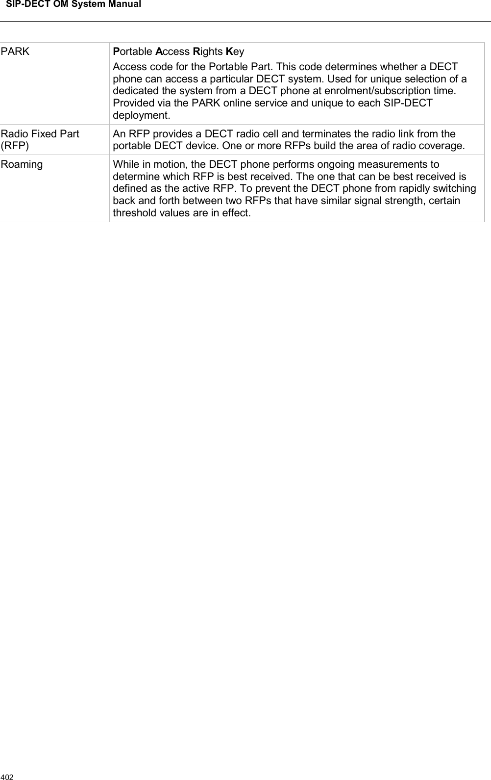 SIP-DECT OM System Manual402PARK Portable Access Rights KeyAccess code for the Portable Part. This code determines whether a DECT phone can access a particular DECT system. Used for unique selection of a dedicated the system from a DECT phone at enrolment/subscription time. Provided via the PARK online service and unique to each SIP-DECTdeployment.Radio Fixed Part (RFP)An RFP provides a DECT radio cell and terminates the radio link from the portable DECT device. One or more RFPs build the area of radio coverage.Roaming While in motion, the DECT phone performs ongoing measurements to determine which RFP is best received. The one that can be best received is defined as the active RFP. To prevent the DECT phone from rapidly switching back and forth between two RFPs that have similar signal strength, certain threshold values are in effect.