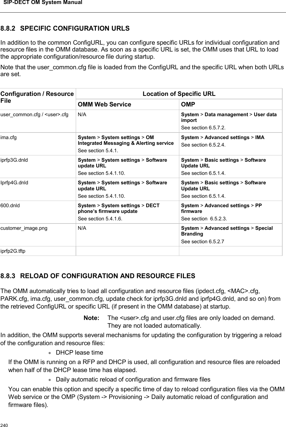 SIP-DECT OM System Manual2408.8.2 SPECIFIC CONFIGURATION URLSIn addition to the common ConfigURL, you can configure specific URLs for individual configuration and resource files in the OMM database. As soon as a specific URL is set, the OMM uses that URL to load the appropriate configuration/resource file during startup. Note that the user_common.cfg file is loaded from the ConfigURL and the specific URL when both URLs are set.Configuration /Resource FileLocation of Specific URLOMM Web Service OMPuser_common.cfg / &lt;user&gt;.cfg N/A System &gt;Data management &gt;User data importSee section 6.5.7.2.ima.cfg System &gt;System settings &gt;OM Integrated Messaging &amp; Alerting serviceSee section 5.4.1.System &gt;Advanced settings &gt;IMASee section 6.5.2.4.iprfp3G.dnld System &gt;System settings &gt;Software update URL See section 5.4.1.10.System &gt;Basic settings &gt;Software Update URL See section 6.5.1.4.Iprfp4G.dnld System &gt;System settings &gt;Software update URL See section 5.4.1.10.System &gt;Basic settings &gt;Software Update URL See section 6.5.1.4.600.dnld System &gt;System settings &gt;DECT phone’s firmware update See section 5.4.1.6.System &gt;Advanced settings &gt;PPfirmwareSee section  6.5.2.3.customer_image.png N/A System &gt;Advanced settings &gt;Special Branding See section 6.5.2.7iprfp2G.tftp8.8.3 RELOAD OF CONFIGURATION AND RESOURCE FILESThe OMM automatically tries to load all configuration and resource files (ipdect.cfg, &lt;MAC&gt;.cfg, PARK.cfg, ima.cfg, user_common.cfg, update check for iprfp3G.dnld and iprfp4G.dnld, and so on) from the retrieved ConfigURL or specific URL (if present in the OMM database) at startup.Note: The &lt;user&gt;.cfg and user.cfg files are only loaded on demand. They are not loaded automatically.In addition, the OMM supports several mechanisms for updating the configuration by triggering a reload of the configuration and resource files:DHCP lease timeIf the OMM is running on a RFP and DHCP is used, all configuration and resource files are reloaded when half of the DHCP lease time has elapsed.Daily automatic reload of configuration and firmware filesYou can enable this option and specify a specific time of day to reload configuration files via the OMM Web service or the OMP (System -&gt; Provisioning -&gt; Daily automatic reload of configuration and firmware files). 