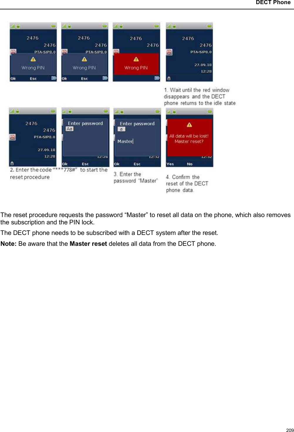 DECT Phone209                            The reset procedure requests the password “Master” to reset all data on the phone, which also removes the subscription and the PIN lock.The DECT phone needs to be subscribed with a DECT system after the reset.Note: Be aware that the Master reset deletes all data from the DECT phone.
