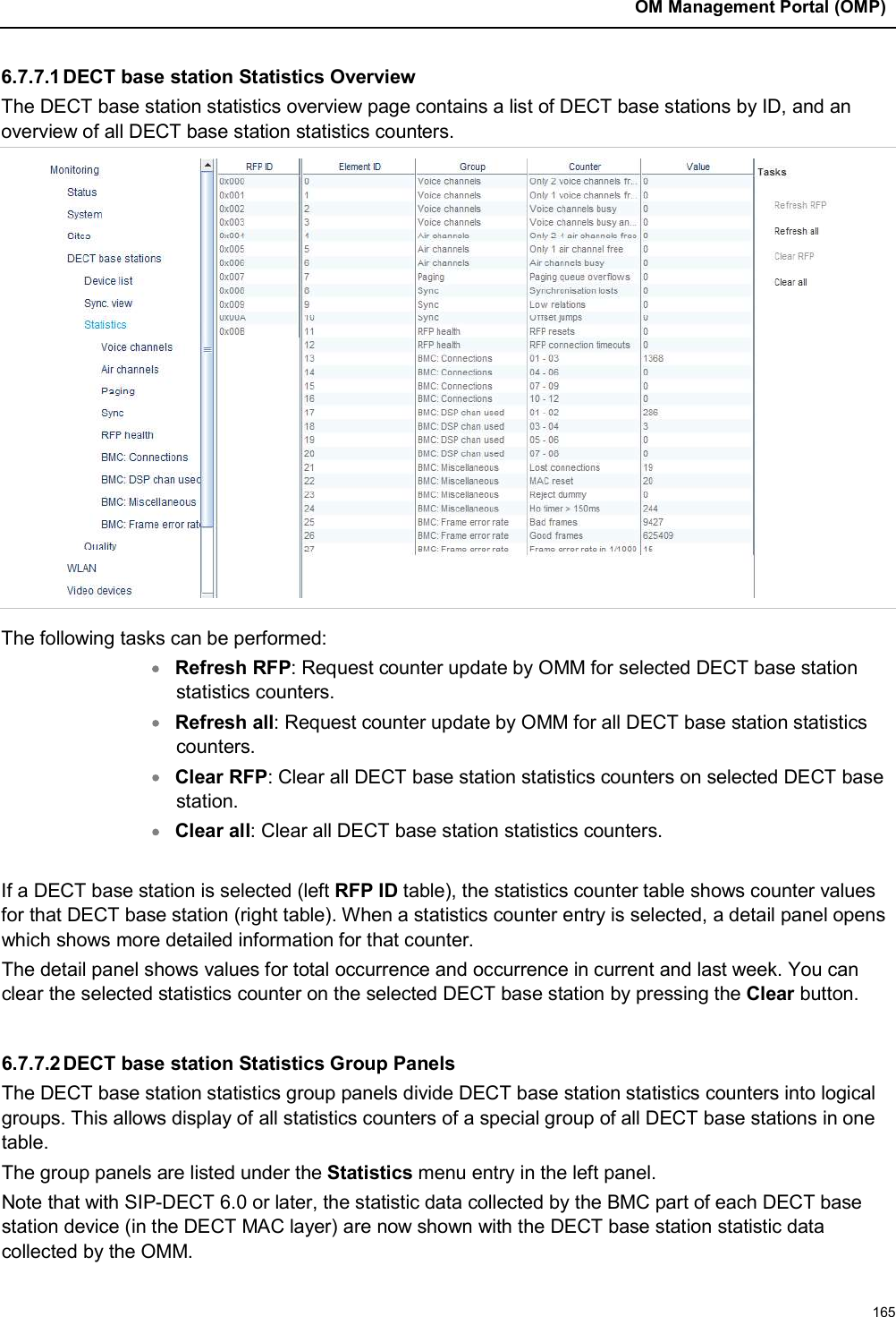 OM Management Portal (OMP)1656.7.7.1DECT base station Statistics OverviewThe DECT base station statistics overview page contains a list of DECT base stations by ID, and an overview of all DECT base station statistics counters. The following tasks can be performed:Refresh RFP: Request counter update by OMM for selected DECT base stationstatistics counters.Refresh all: Request counter update by OMM for all DECT base station statistics counters.Clear RFP: Clear all DECT base station statistics counters on selected DECT base station.Clear all: Clear all DECT base station statistics counters.If a DECT base station is selected (left RFP ID table), the statistics counter table shows counter values for that DECT base station (right table). When a statistics counter entry is selected, a detail panel opens which shows more detailed information for that counter.The detail panel shows values for total occurrence and occurrence in current and last week. You can clear the selected statistics counter on the selected DECT base station by pressing the Clear button.6.7.7.2DECT base station Statistics Group PanelsThe DECT base station statistics group panels divide DECT base station statistics counters into logical groups. This allows display of all statistics counters of a special group of all DECT base stations in one table.The group panels are listed under the Statistics menu entry in the left panel.Note that with SIP-DECT 6.0 or later, the statistic data collected by the BMC part of each DECT base station device (in the DECT MAC layer) are now shown with the DECT base station statistic data collected by the OMM.