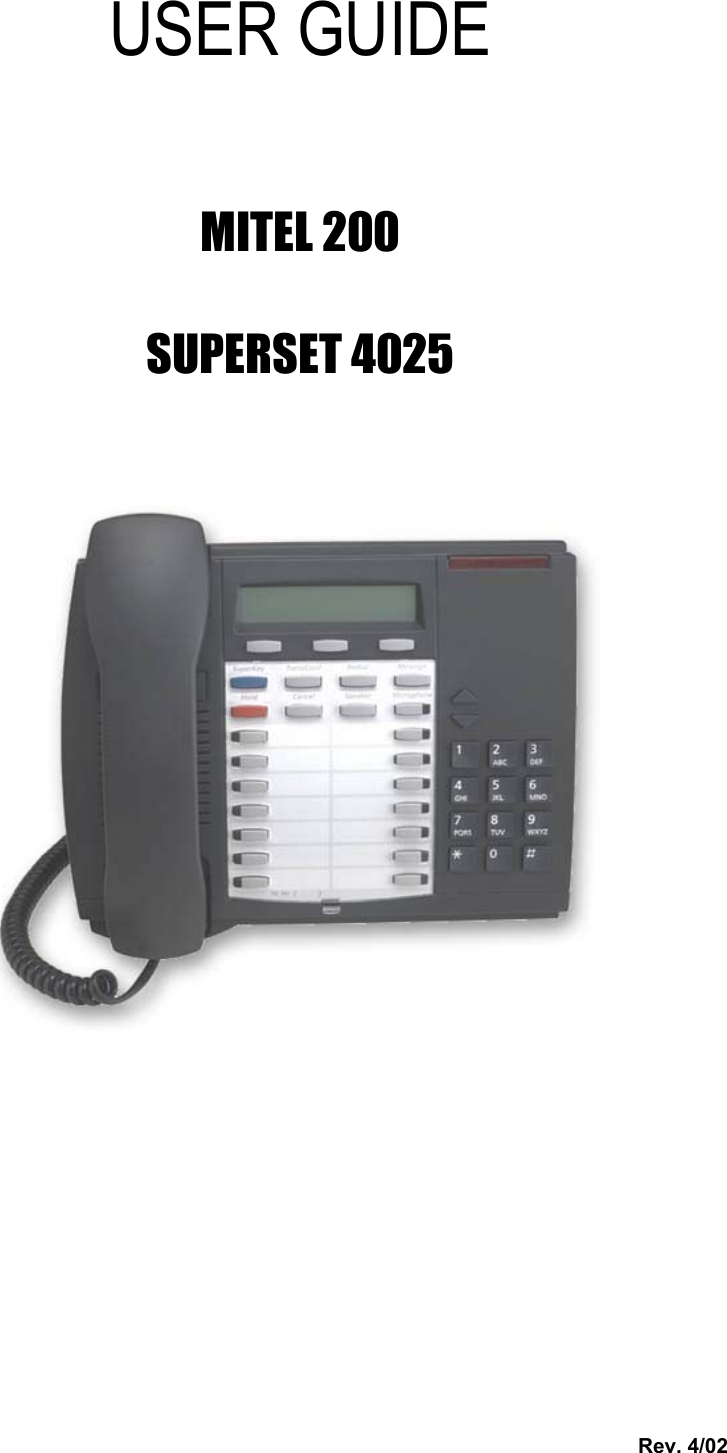 Page 1 of 7 - Mitel Mitel-4025-Users-Manual 200 Superset 4025 With Vmail - User Guide