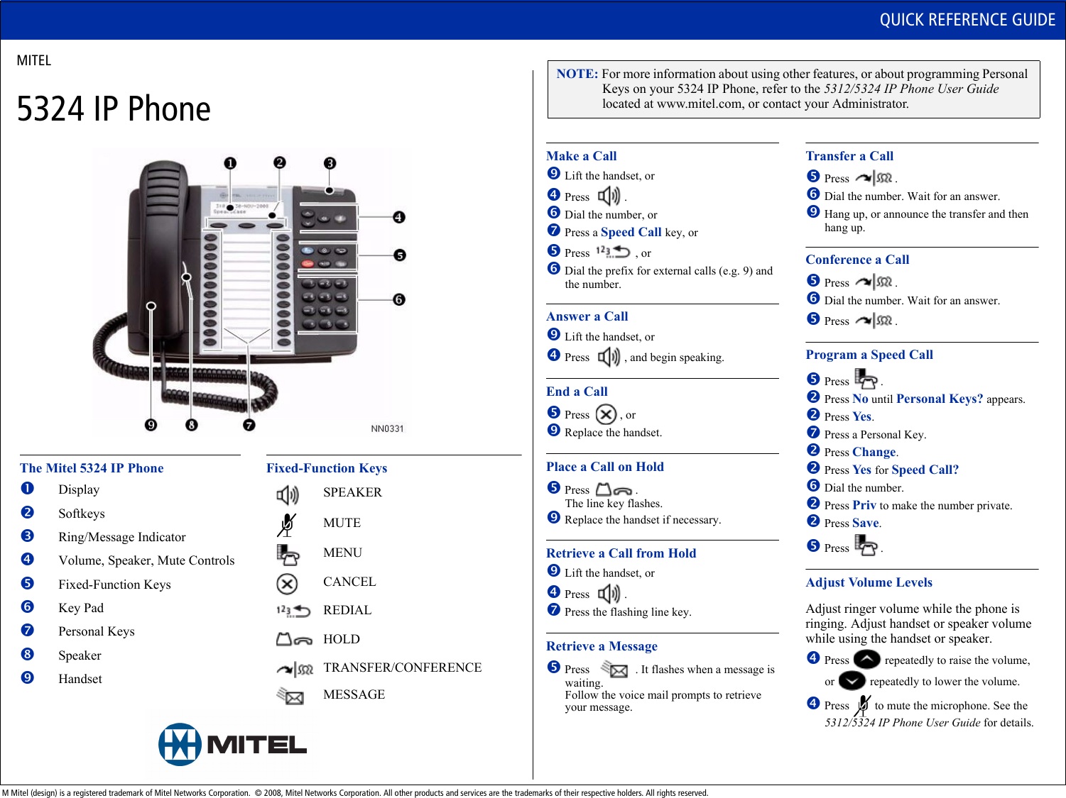 Mitel 5324 Ip Phone Users Manual 5240 Quick Reference Guide
