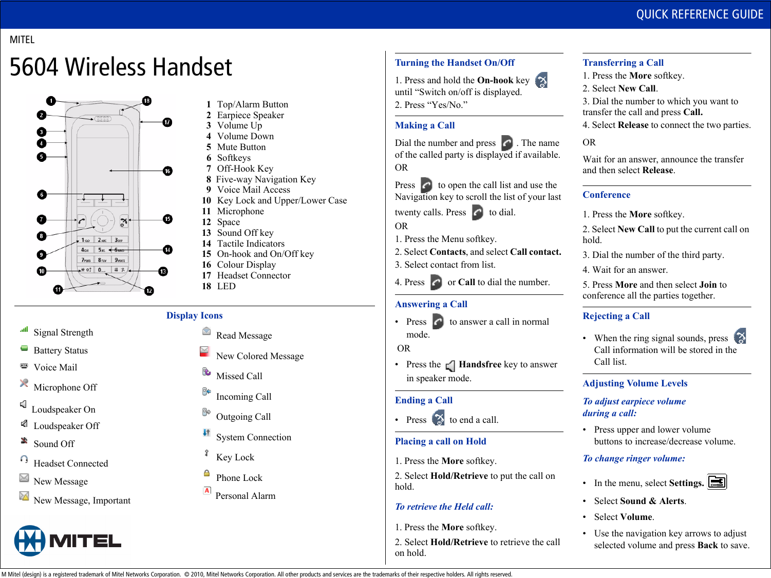 Page 1 of 2 - Mitel Mitel-Wireles-Handset-5604-Users-Manual- 5240 Quick Reference Guide  Mitel-wireles-handset-5604-users-manual