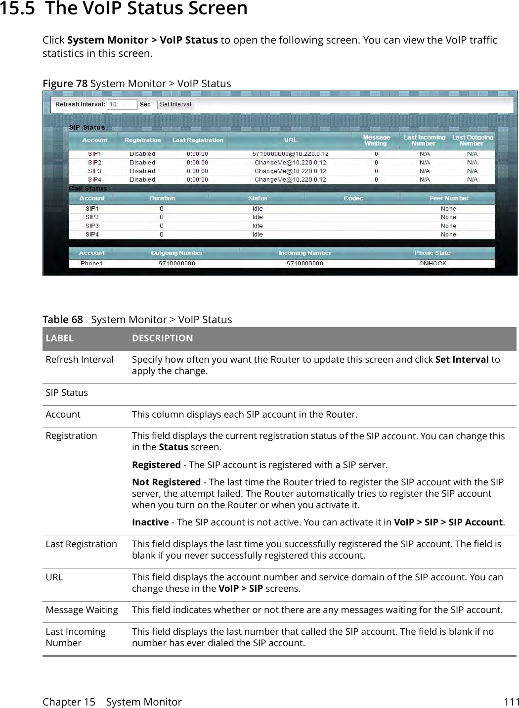 Chapter 15    System Monitor 11115.5  The VoIP Status Screen Click System Monitor &gt; VoIP Status to open the following screen. You can view the VoIP traffic statistics in this screen.Figure 78 System Monitor &gt; VoIP Status Table 68   System Monitor &gt; VoIP Status LABEL DESCRIPTIONRefresh Interval Specify how often you want the Router to update this screen and click Set Interval to apply the change. SIP StatusAccount This column displays each SIP account in the Router.Registration This field displays the current registration status of the SIP account. You can change this in the Status screen.Registered - The SIP account is registered with a SIP server.Not Registered - The last time the Router tried to register the SIP account with the SIP server, the attempt failed. The Router automatically tries to register the SIP account when you turn on the Router or when you activate it.Inactive - The SIP account is not active. You can activate it in VoIP &gt; SIP &gt; SIP Account.Last Registration This field displays the last time you successfully registered the SIP account. The field is blank if you never successfully registered this account.URL This field displays the account number and service domain of the SIP account. You can change these in the VoIP &gt; SIP screens.Message Waiting This field indicates whether or not there are any messages waiting for the SIP account.Last Incoming NumberThis field displays the last number that called the SIP account. The field is blank if no number has ever dialed the SIP account.