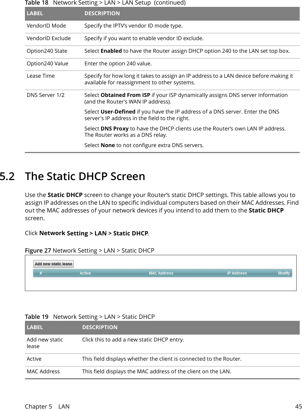 Chapter 5    LAN 455.2   The Static DHCP ScreenUse the Static DHCP screen to change your Router’s static DHCP settings. This table allows you to assign IP addresses on the LAN to specific individual computers based on their MAC Addresses. Find out the MAC addresses of your network devices if you intend to add them to the Static DHCP screen.Click Network Setting &gt; LAN &gt; Static DHCP.Figure 27 Network Setting &gt; LAN &gt; Static DHCP VendorID Mode Specify the IPTV’s vendor ID mode type.VendorID Exclude Specify if you want to enable vendor ID exclude.Option240 State Select Enabled to have the Router assign DHCP option 240 to the LAN set top box.Option240 Value Enter the option 240 value.Lease Time Specify for how long it takes to assign an IP address to a LAN device before making it available for reassignment to other systems.DNS Server 1/2 Select Obtained From ISP if your ISP dynamically assigns DNS server information (and the Router&apos;s WAN IP address).Select User-Defined if you have the IP address of a DNS server. Enter the DNS server&apos;s IP address in the field to the right. Select DNS Proxy to have the DHCP clients use the Router’s own LAN IP address. The Router works as a DNS relay. Select None to not configure extra DNS servers. Table 18   Network Setting &gt; LAN &gt; LAN Setup  (continued)LABEL DESCRIPTIONTable 19   Network Setting &gt; LAN &gt; Static DHCP LABEL DESCRIPTIONAdd new static leaseClick this to add a new static DHCP entry. Active This field displays whether the client is connected to the Router.MAC Address This field displays the MAC address of the client on the LAN.