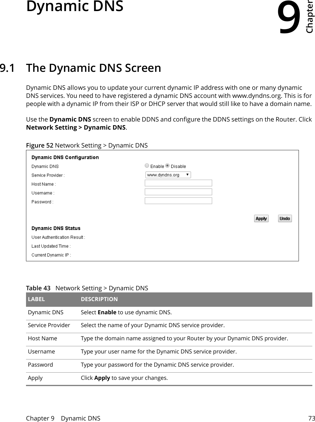 9Chapter Chapter 9    Dynamic DNS 73CHAPTER 9 Chapter 9 Dynamic DNS9.1  The Dynamic DNS ScreenDynamic DNS allows you to update your current dynamic IP address with one or many dynamic DNS services. You need to have registered a dynamic DNS account with www.dyndns.org. This is for people with a dynamic IP from their ISP or DHCP server that would still like to have a domain name. Use the Dynamic DNS screen to enable DDNS and configure the DDNS settings on the Router. Click Network Setting &gt; Dynamic DNS. Figure 52 Network Setting &gt; Dynamic DNS Table 43   Network Setting &gt; Dynamic DNS LABEL DESCRIPTIONDynamic DNS Select Enable to use dynamic DNS.Service Provider Select the name of your Dynamic DNS service provider.Host Name Type the domain name assigned to your Router by your Dynamic DNS provider.Username Type your user name for the Dynamic DNS service provider.Password Type your password for the Dynamic DNS service provider.Apply Click Apply to save your changes.